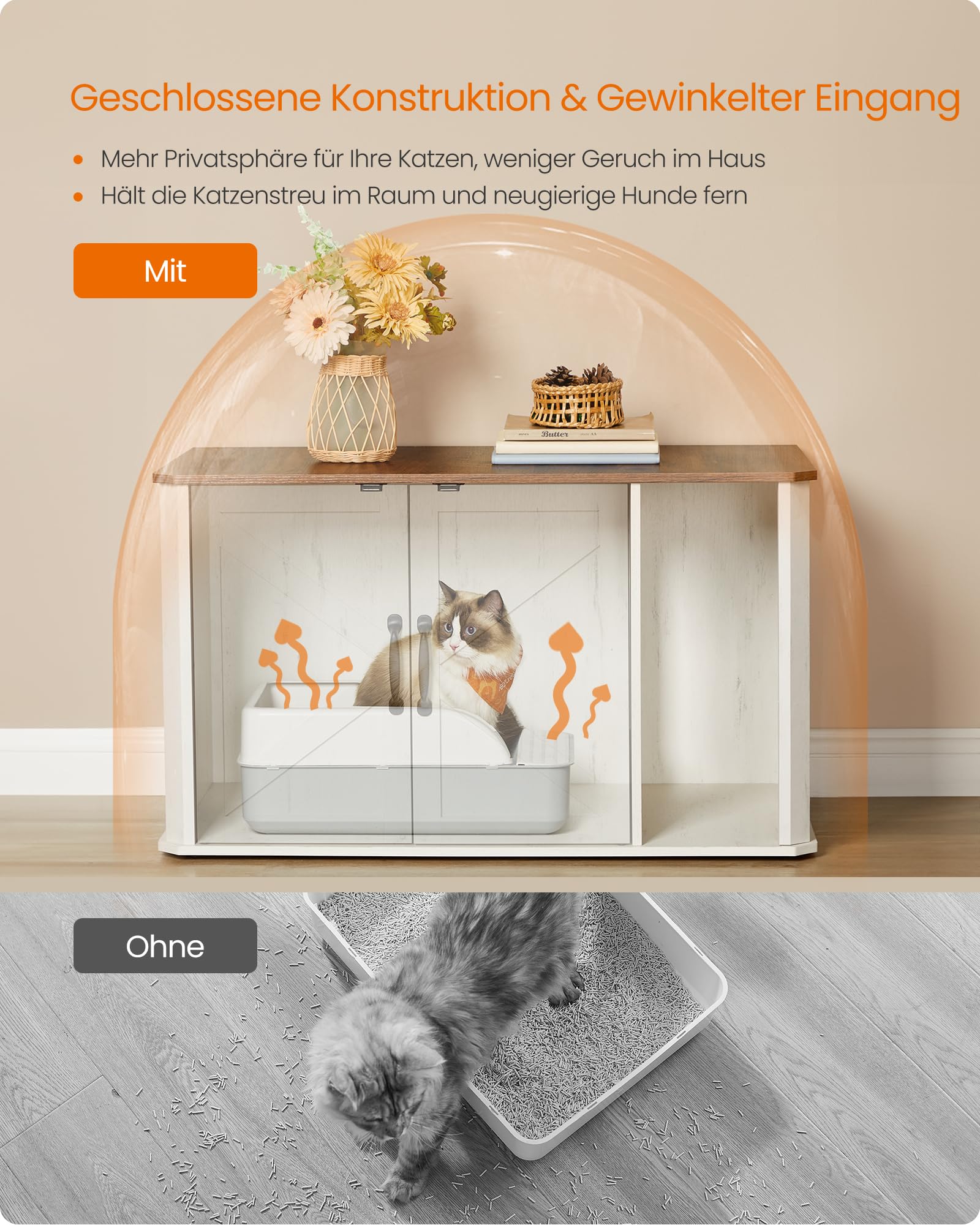 Feandrea Katzenhaus, Katzenklo-Schrank modern, Vordereingang, mit Doppeltür und Griffen, als Sideboard, 85 x 48,5 x 50 cm, honigbraun-vintageweiß PCL012K01