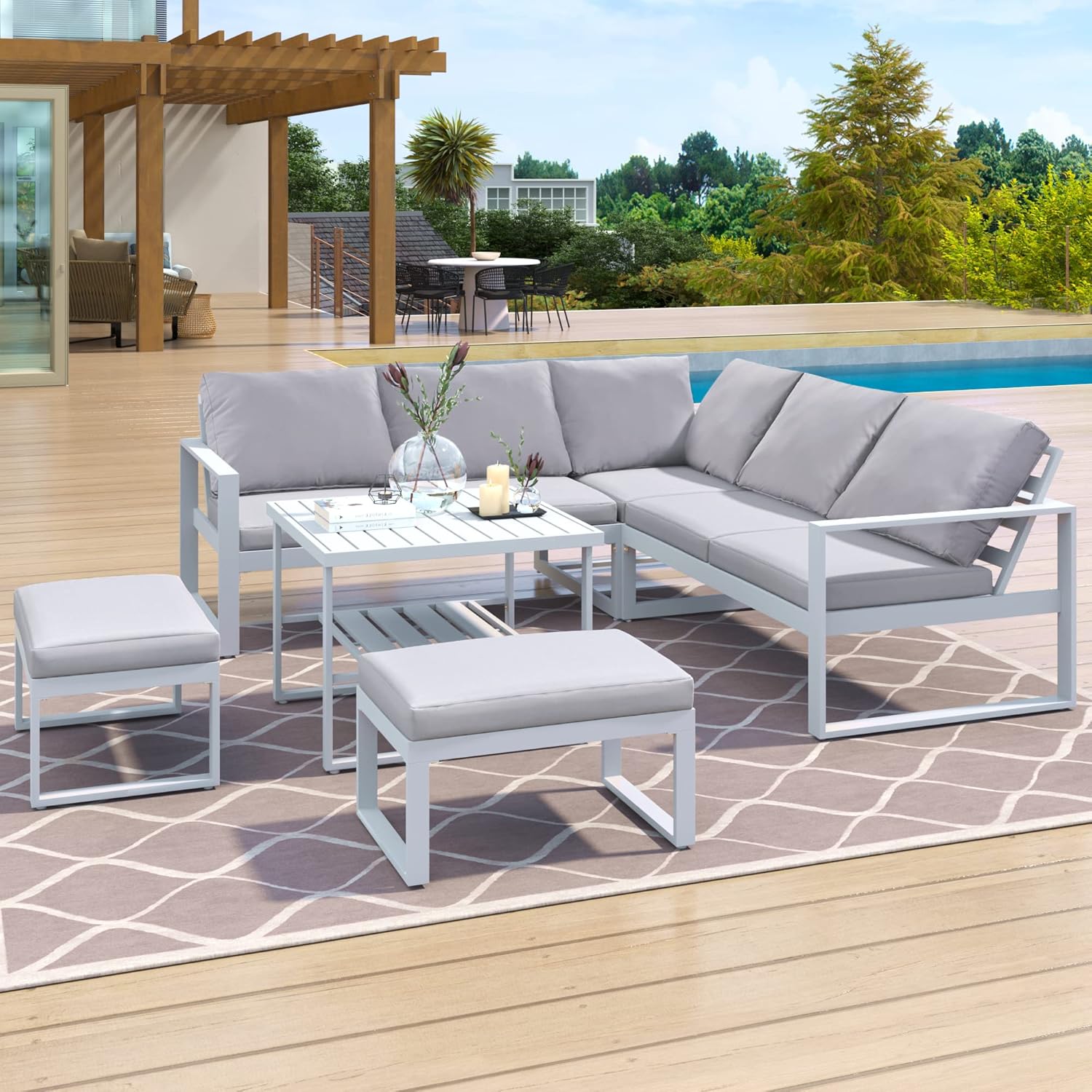 GOWE [Not Allowed to Sell to Wayfair] U_Style Industrial Style Outdoor Sofa Combination Set with 2 Love Sofa,1 Single Sofa,1 Table,2 Bench
