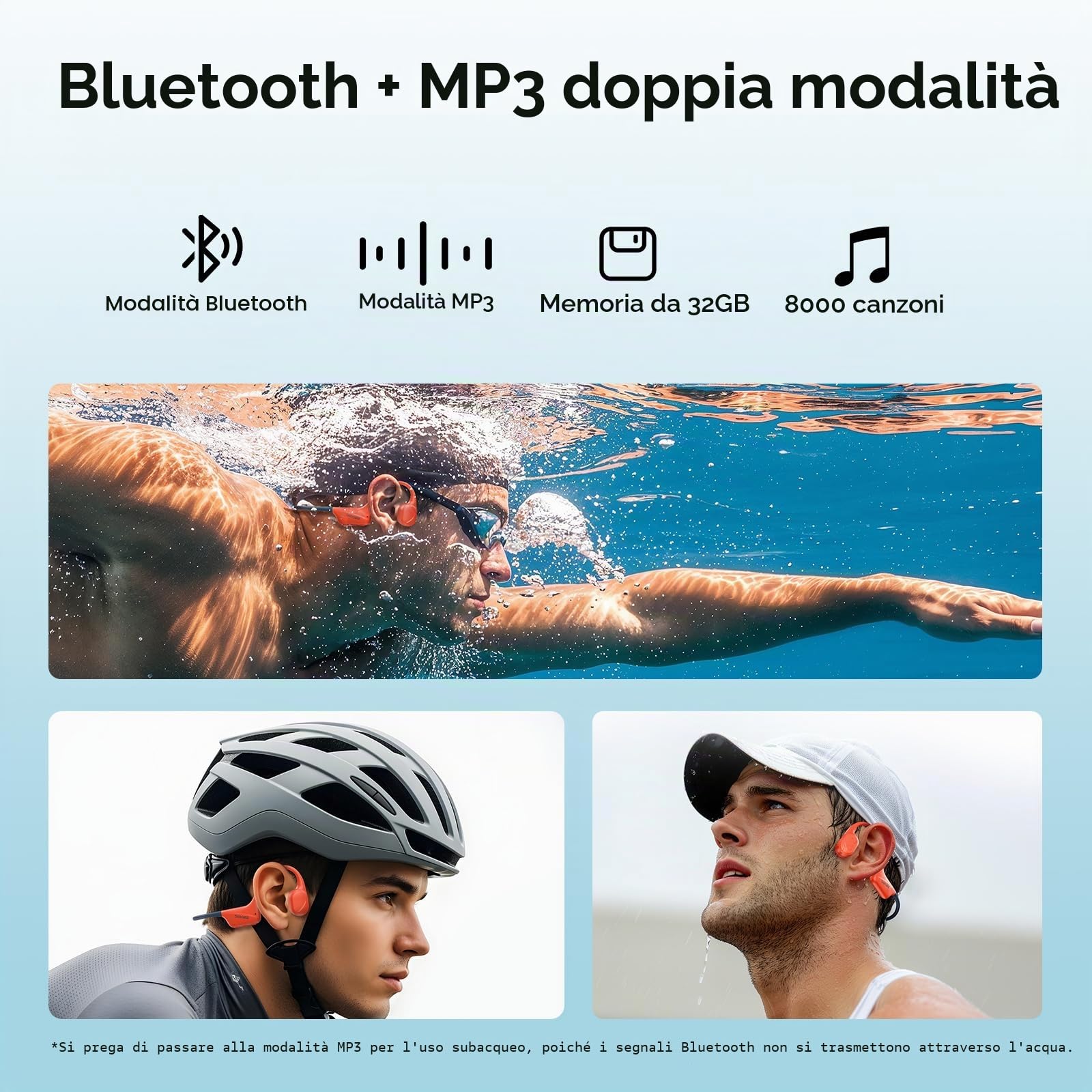 Cuffie Conduzione Ossea IP68 Impermeabili per Nuoto, Auricolari Sportive Bluetooth 5.4, MP3, 32GB, Comodo Silicone, Open-Ear per Corsa, Ciclismo, Palestra，rosso