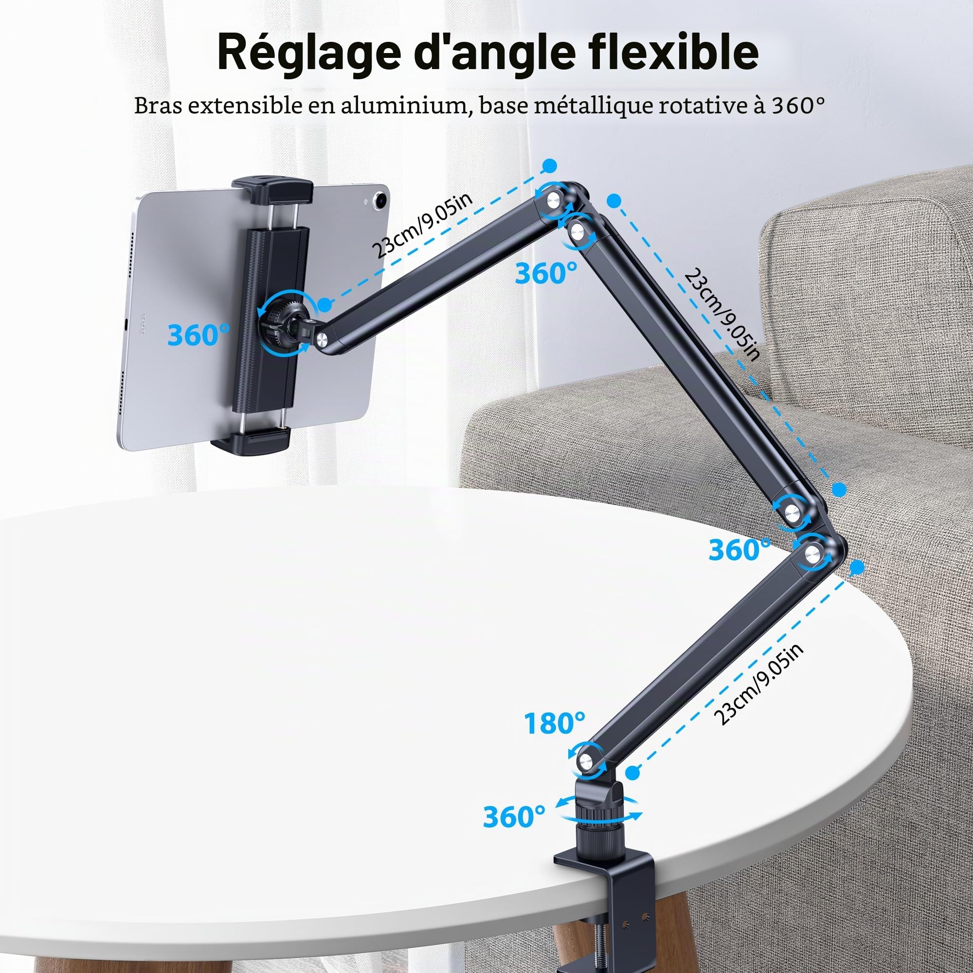 CreaDream Support Tablette Extensible Aluminium Bras Aluminium 360° Rotatif Base