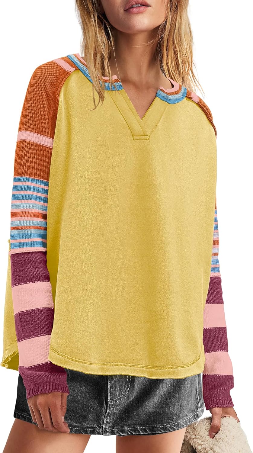 Panadila Womens Striped Long Sleeve Shirt Color Block Raglan Shirt V Neck Patchwork Pullover Tops Casual Cute Top