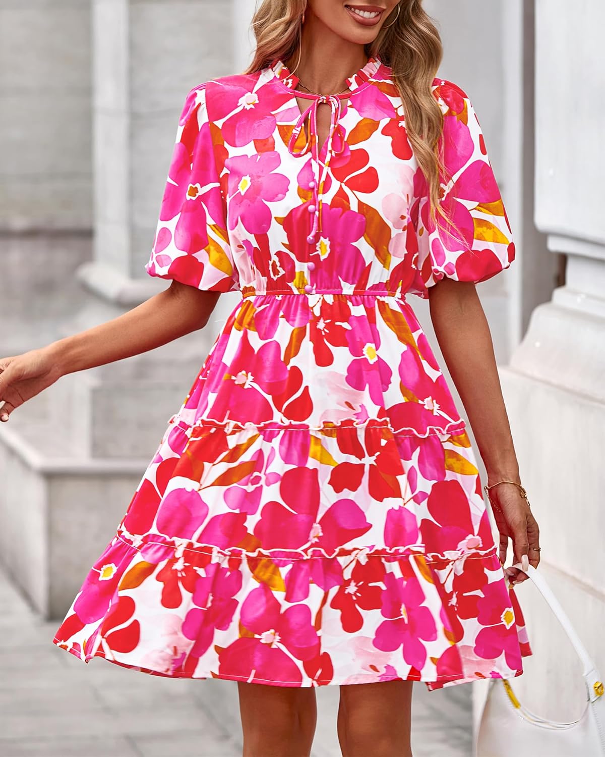 BTFBM Women Summer Floral Short Dresses V Neck Short Sleeve Tiered Ruffle Boho Swing Dress A-Line Mini Dresses - Image 4