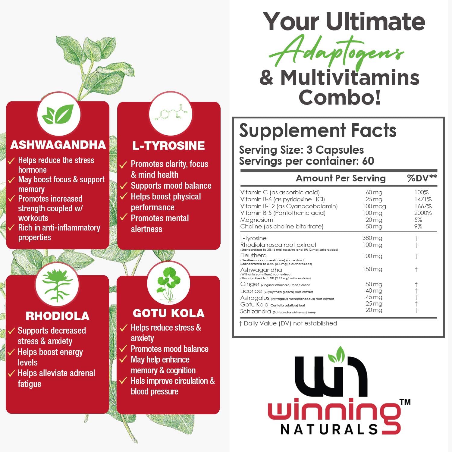 WINNING NATURALS Adrenal Support Supplements & Cortisol Manager to Help Adrenal Health Fatigue, Stress Relief & Anxiety with Ashwagandha, L-Tyrosine, Licorice, Rhodiola, B5 Vitamin - 180 Vegan Caps : Health & Household