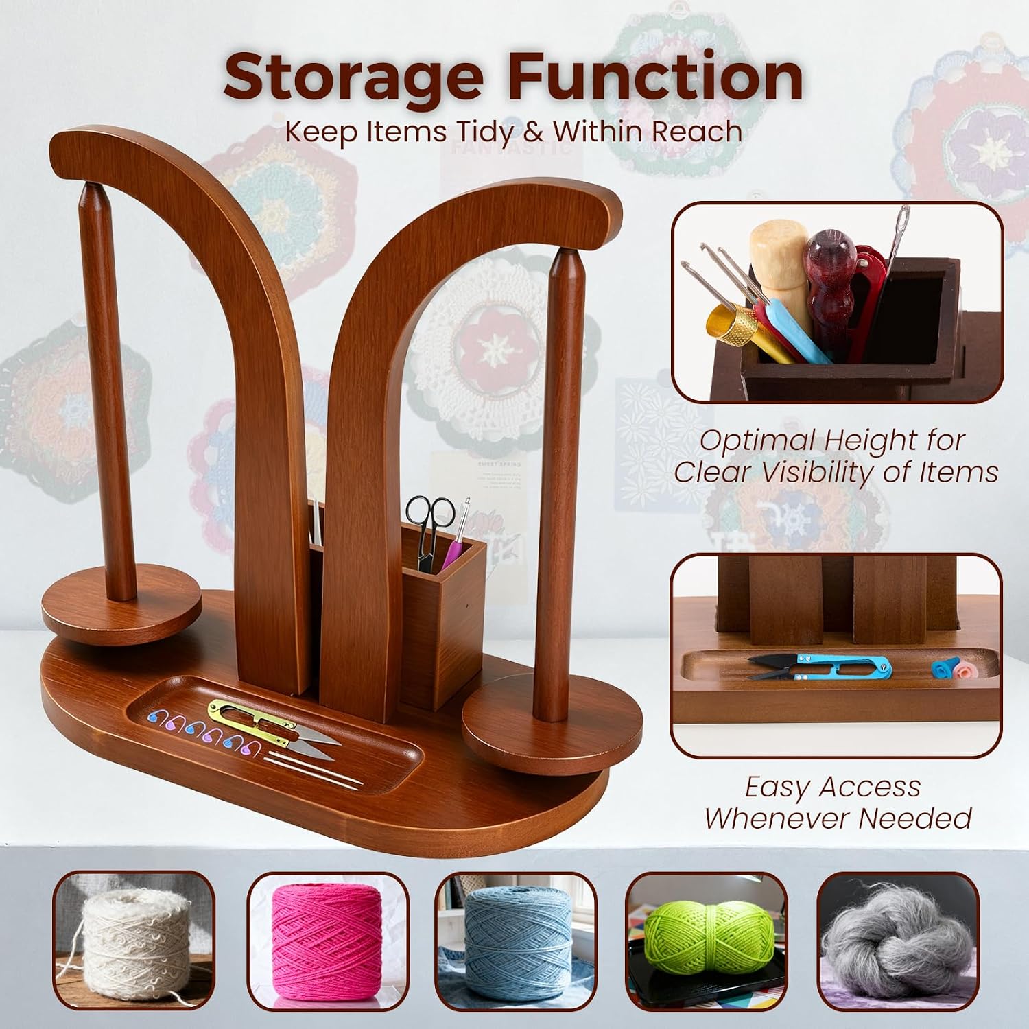 Double Yarn Holder,EXXBDZ， Holders for Crocheting, Wooden, Magnetic, Spinner, Portable, Hanging, Spool-Rack, Skein-Dispenser, Carousel, and Cake-Ball-Spindle Organizer，perfect gift for knitter, mother image 3