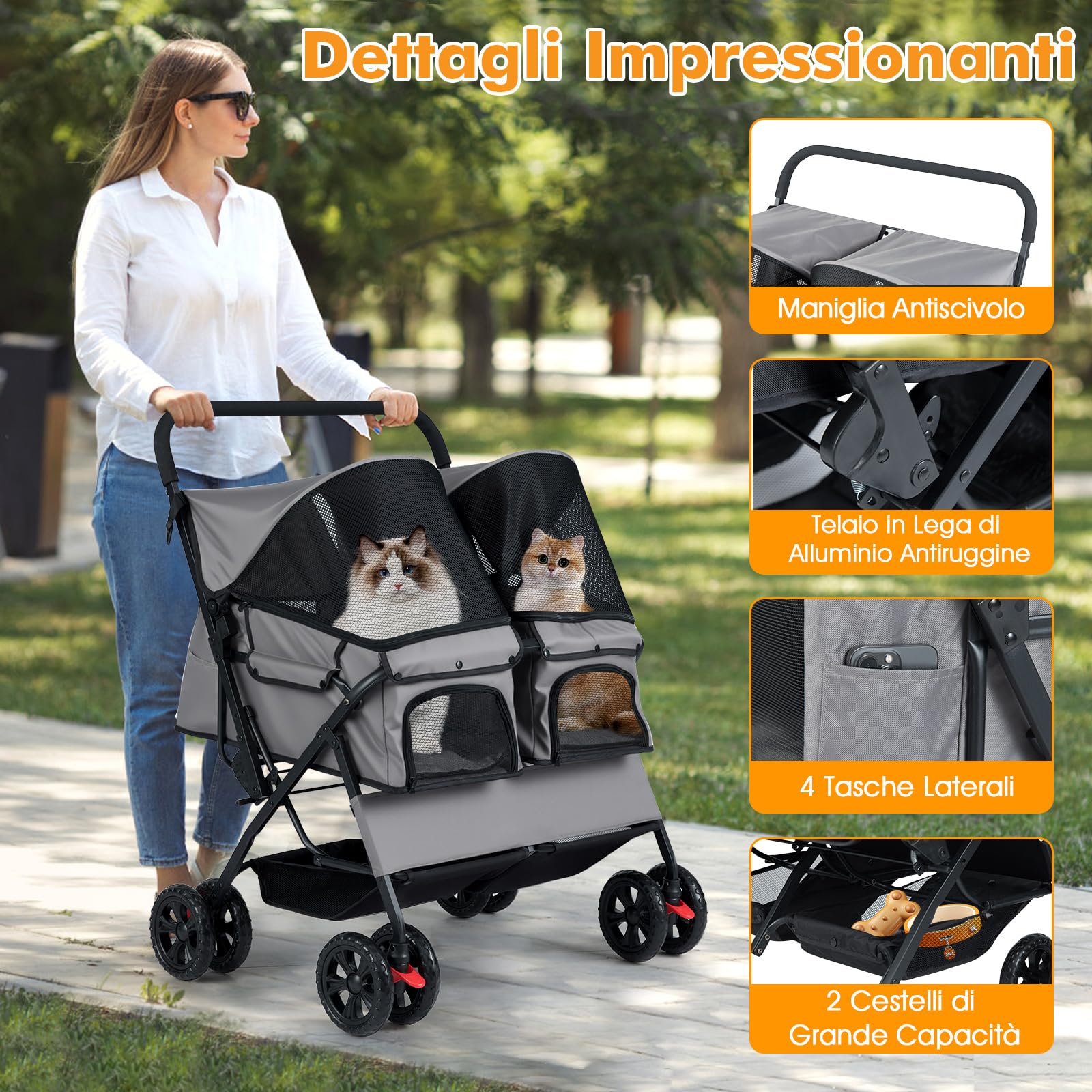 COSTWAY Passeggino Doppio per Cani, Carrozzina Pieghevole a 2 Posti con Tettuccio Regolabile, Cuscino Rimovibile, Cintura di Sicurezza, Cestino e 4 Ruote, Passeggino per 2 Cuccioli e Gatti (Grigio)