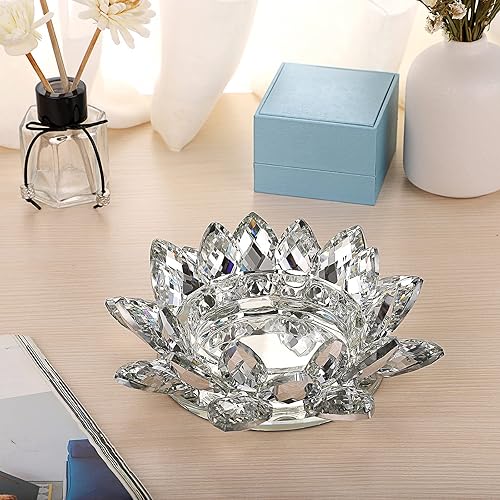 Miniatura 6 de OwnMy Portavelas de cristal de flor de loto para velas de pilar de hasta 3 pulgadas, portavelas votivas de pétalo de loto de vidrio decorativo,