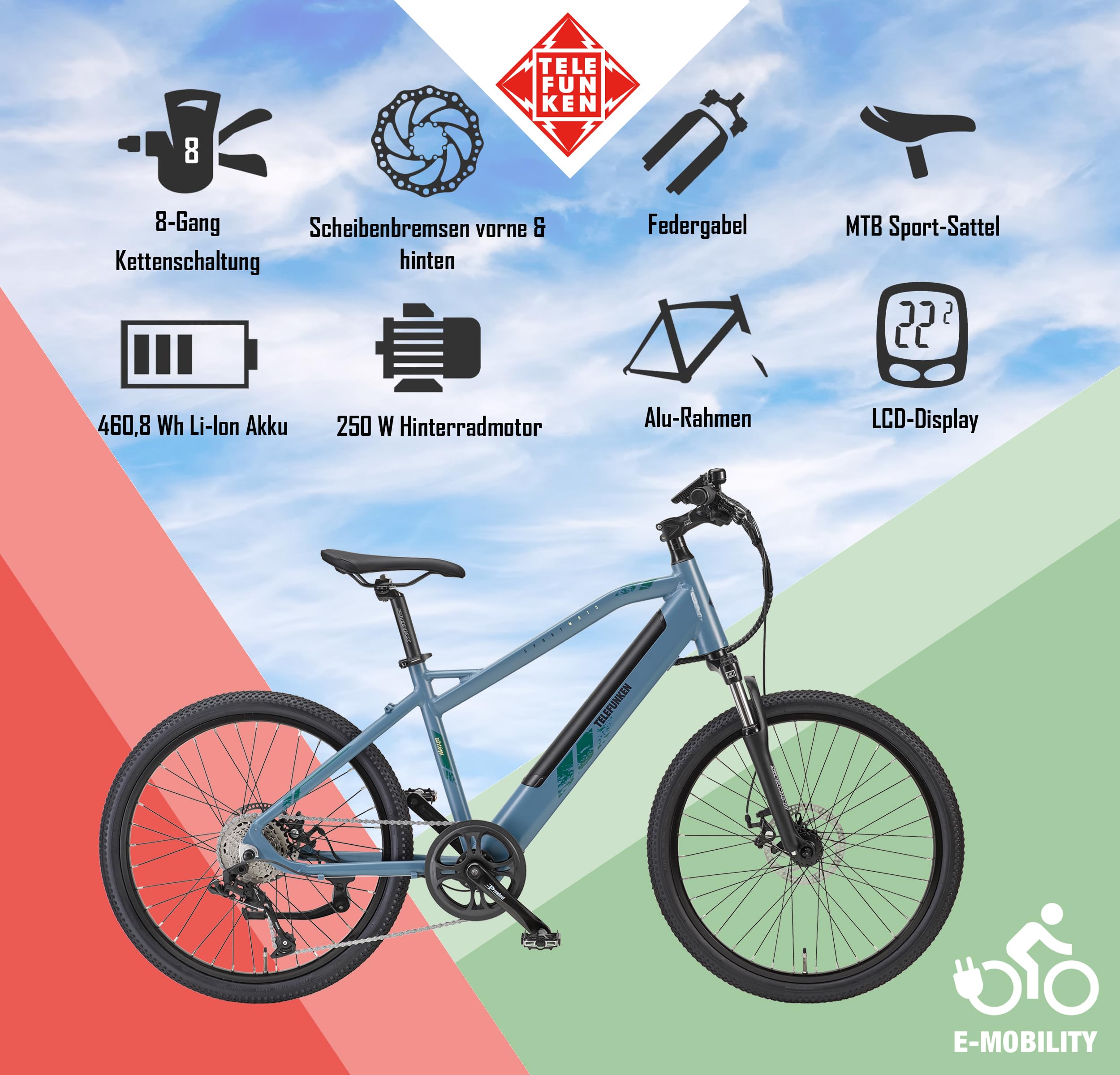 TELEFUNKEN E-Bike Mountainbike 24 Zoll Elektrofahrrad Alu, 8 Gang Kettenschaltung - Ideal für Jugendliche, Pedelec MTB, Hinterradmotor 250W, Scheibenbremsen, Aufsteiger M915