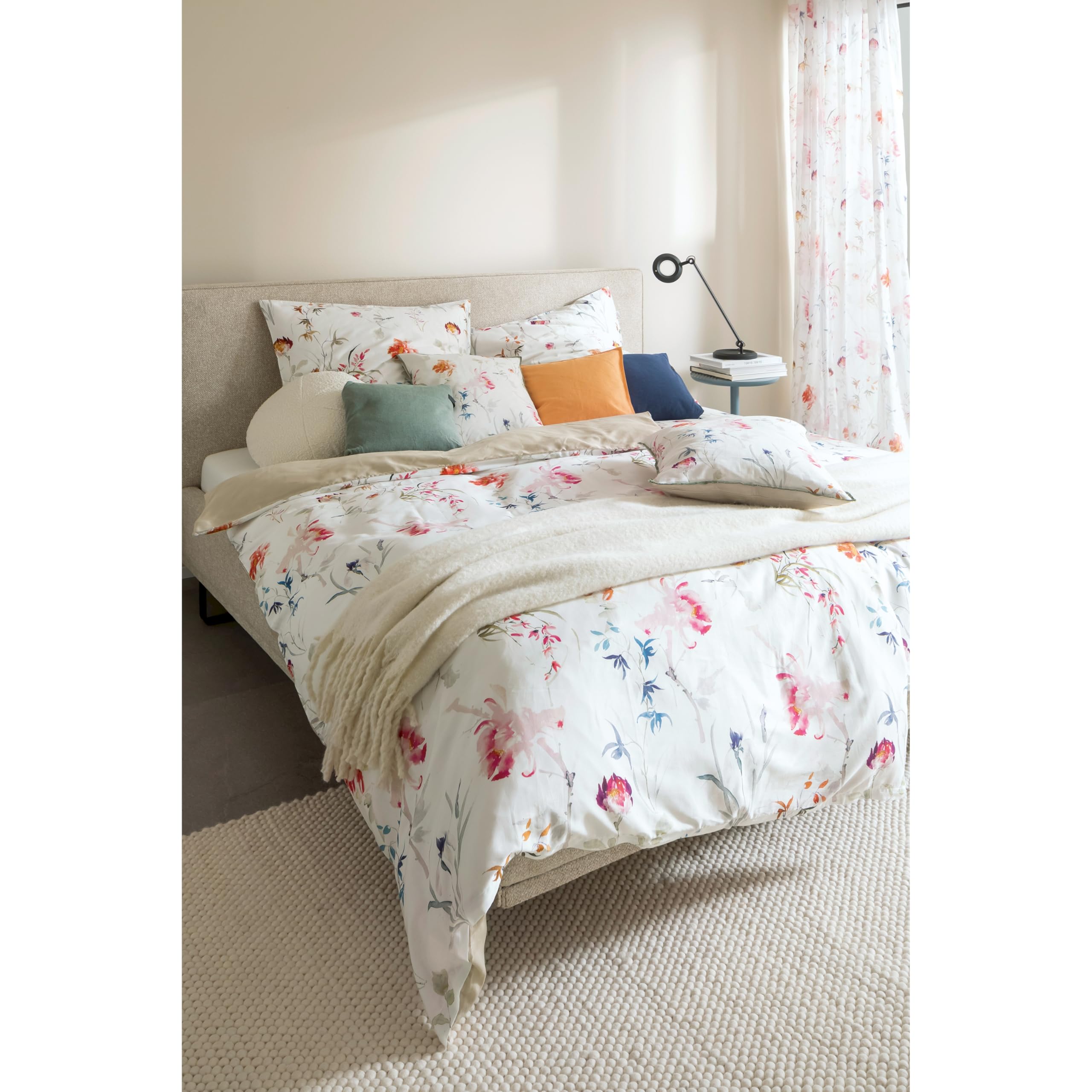 SCHÖNER WOHNEN Juego de sábanas de satén 135x200 algodón flores motivo primavera - Juego de ropa de cama de lujo 2 piezas blanco/beige - transpirable - 1x funda de edredón y 1x funda de almohada