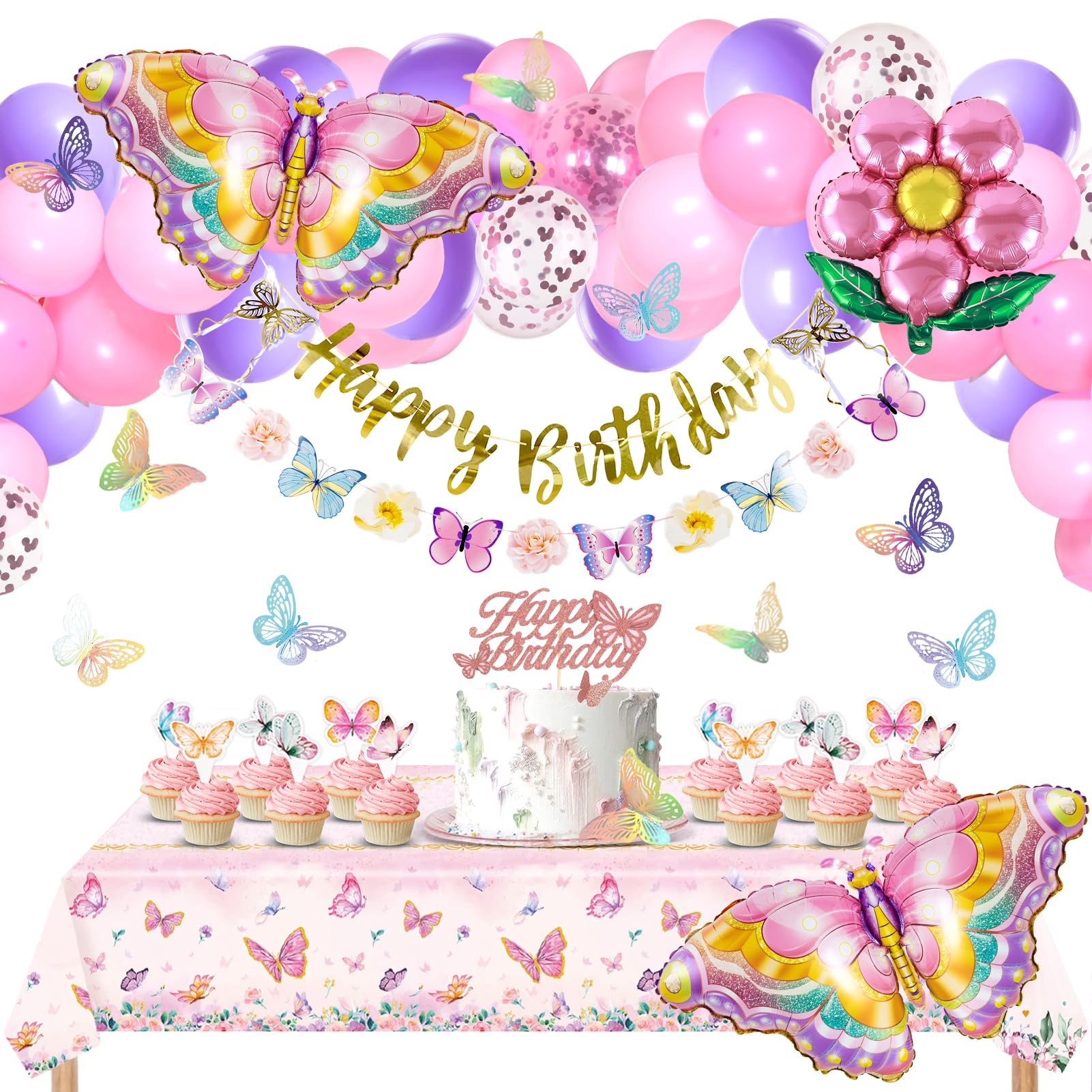 Homarkable Butterfly Birthday Decoration, Pink Butterfly Party Decors with Butterfly Balloons, Happy Birthday Banner, 3D Stickers, Tablecloth, Party