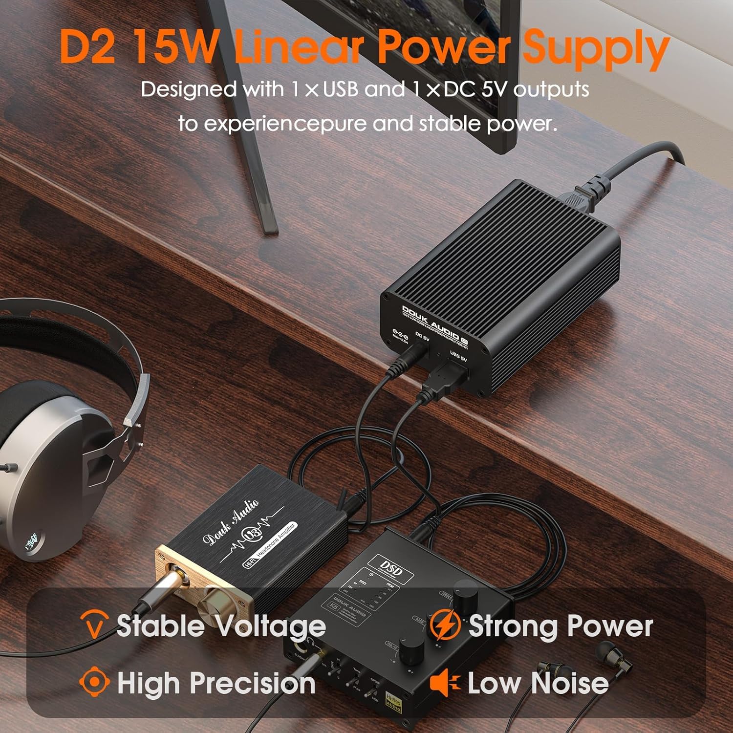 Douk Audio D2 - Fuente de alimentación lineal (5 V, 15 W, bajo nivel de ruido, para serpentinas DAC con transformador toroidal y filtro CLC para sistemas de audio de sobremesa HiFi