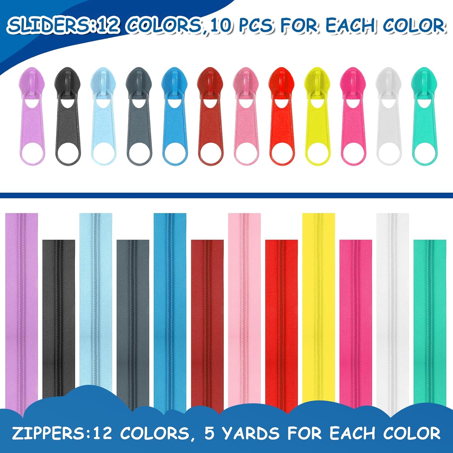 12 Pcs 60 Yards Colourful Zippers for Sewing #5 Nylon Coil Zippers 12 Color Assorted Zipper for Sewing with 120 Zipper Sliders for Women Men Sewings Supplies for Clothes, Bag,Purse Making Supplies Kit