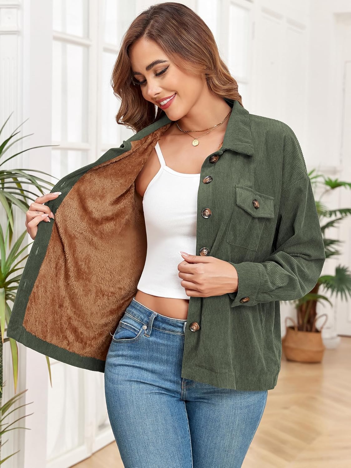 ZAFUL Women's Corduroy Loose Jacket Vintage Raglan Sleeve Casual Coat Hooded Windbreaker - Image 3