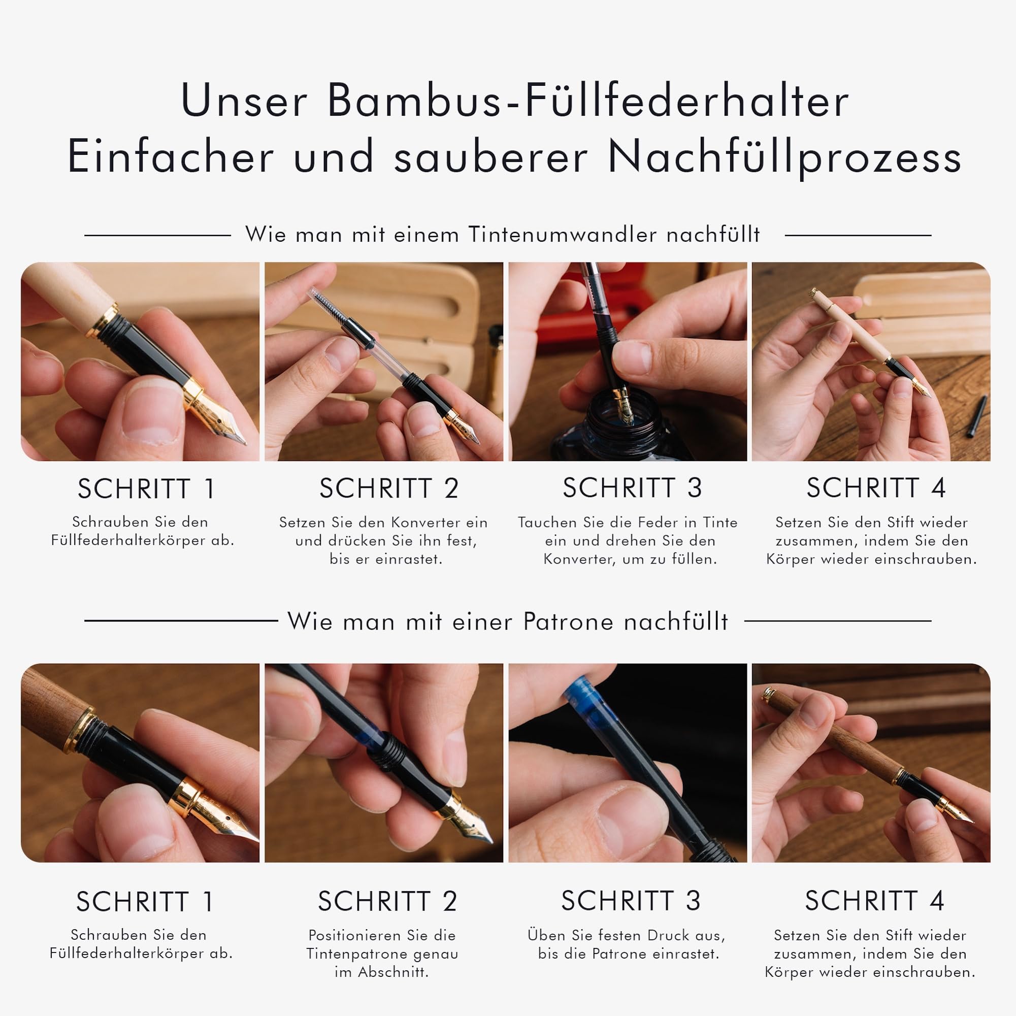Wordsworth & Black Füllfederhalter Set, Premium Bambusholz - Mittlere Feder, Geschenketui; Enthält 6 Tintenpatronen, Tinten Nachfüll Konverter - Journaling, Kalligraphie, [Rosenholz]