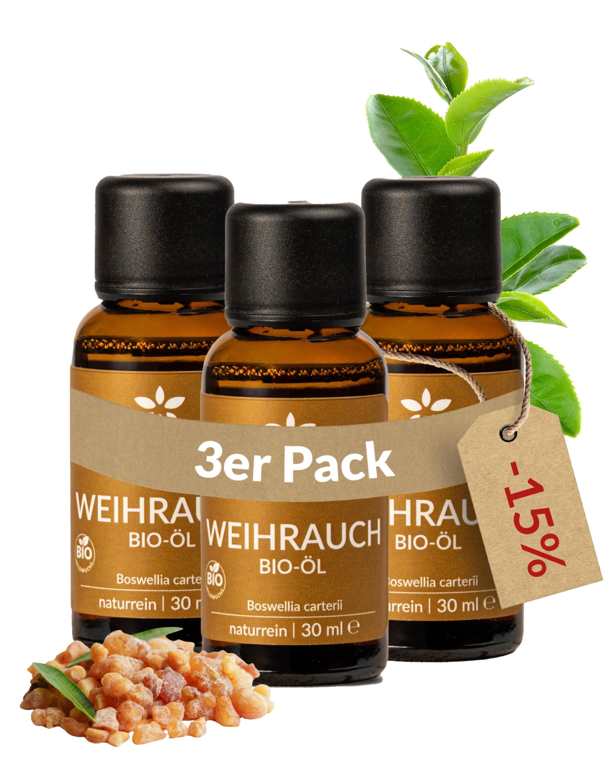 Heldengrün© BIO Weihrauchöl [100% NATURREIN] - Reines Weihrauch Öl - Duftöl Weihrauch in Parfumqualität - Nachhaltiger Wildwuchs - Frankincense Oil - 3 x 30 ml
