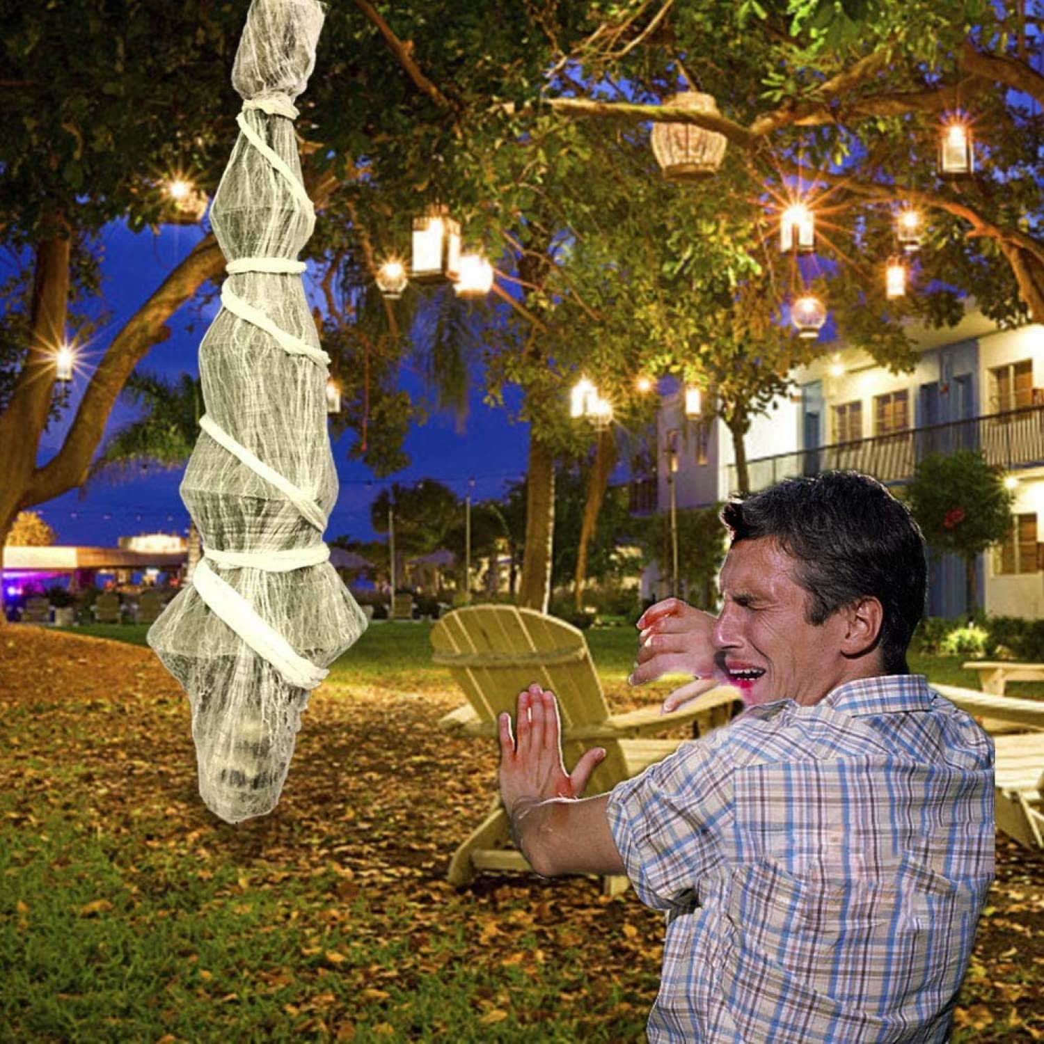 Decorazioni di Halloween Oggetti di Scena per Cadavere da Appendere All'aperto Corpo di Scheletro Spaventoso Interno Ragnatela
