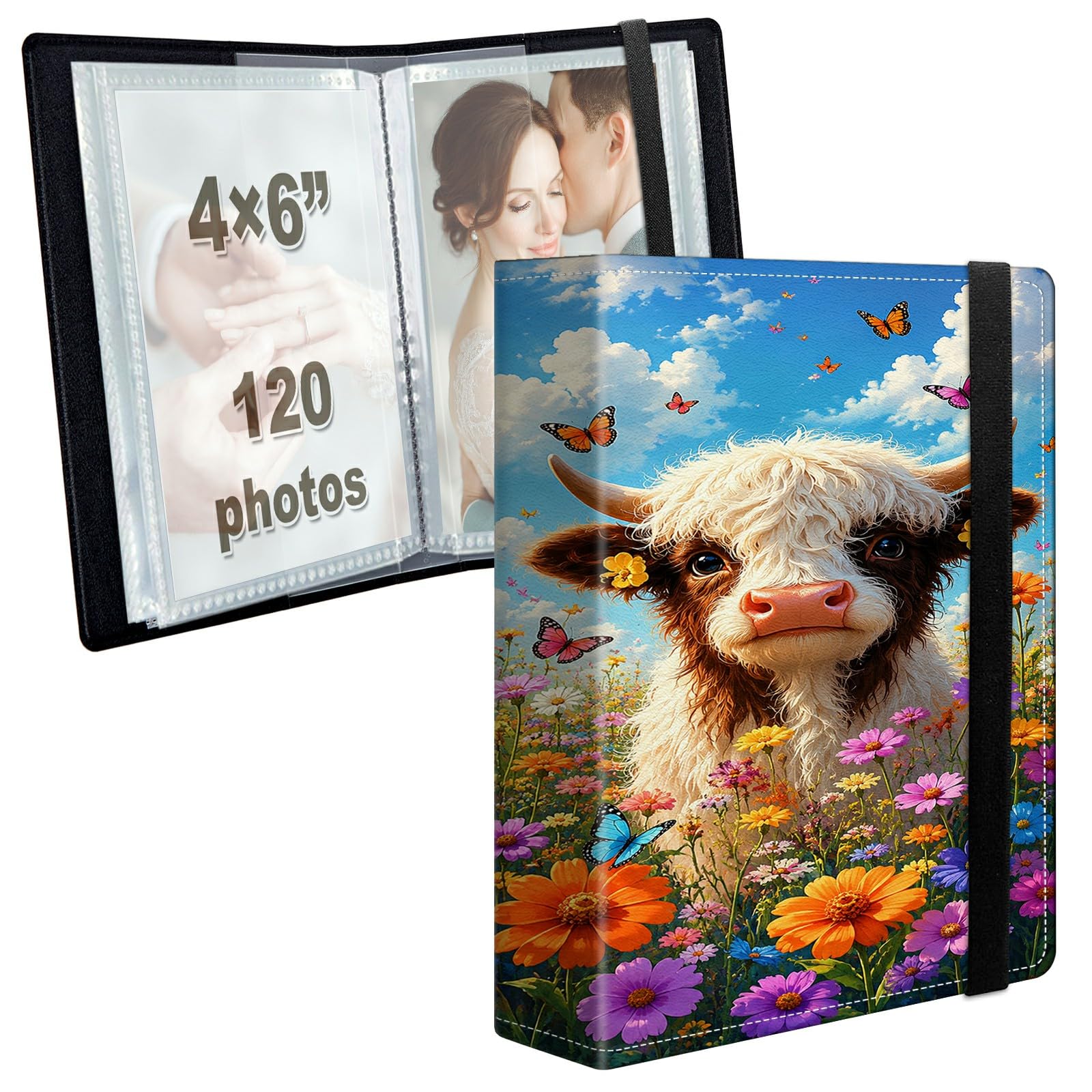 Photo Album 4x6 120 Photos with Strong Elastic Band, Cute Highland Cow