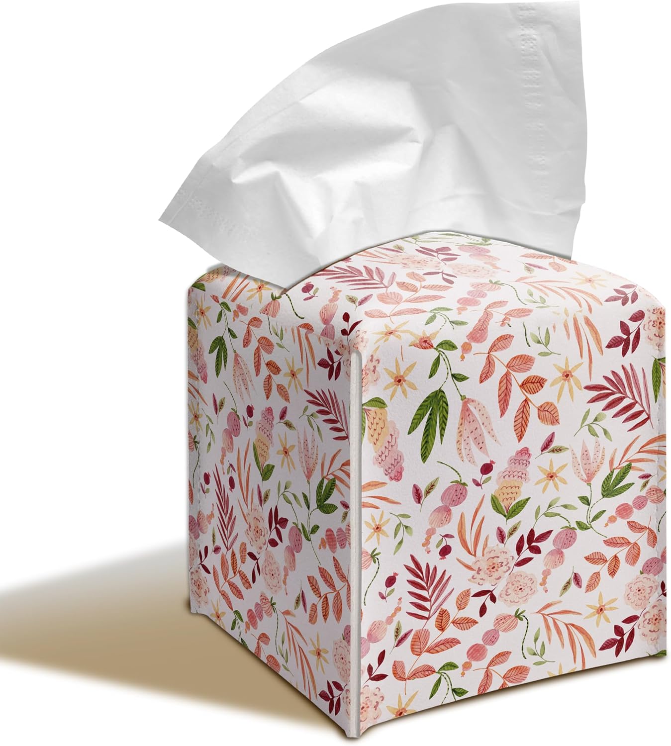 Green Leaf Floral PU Leather Tissue Box Cover 5.2 Inch