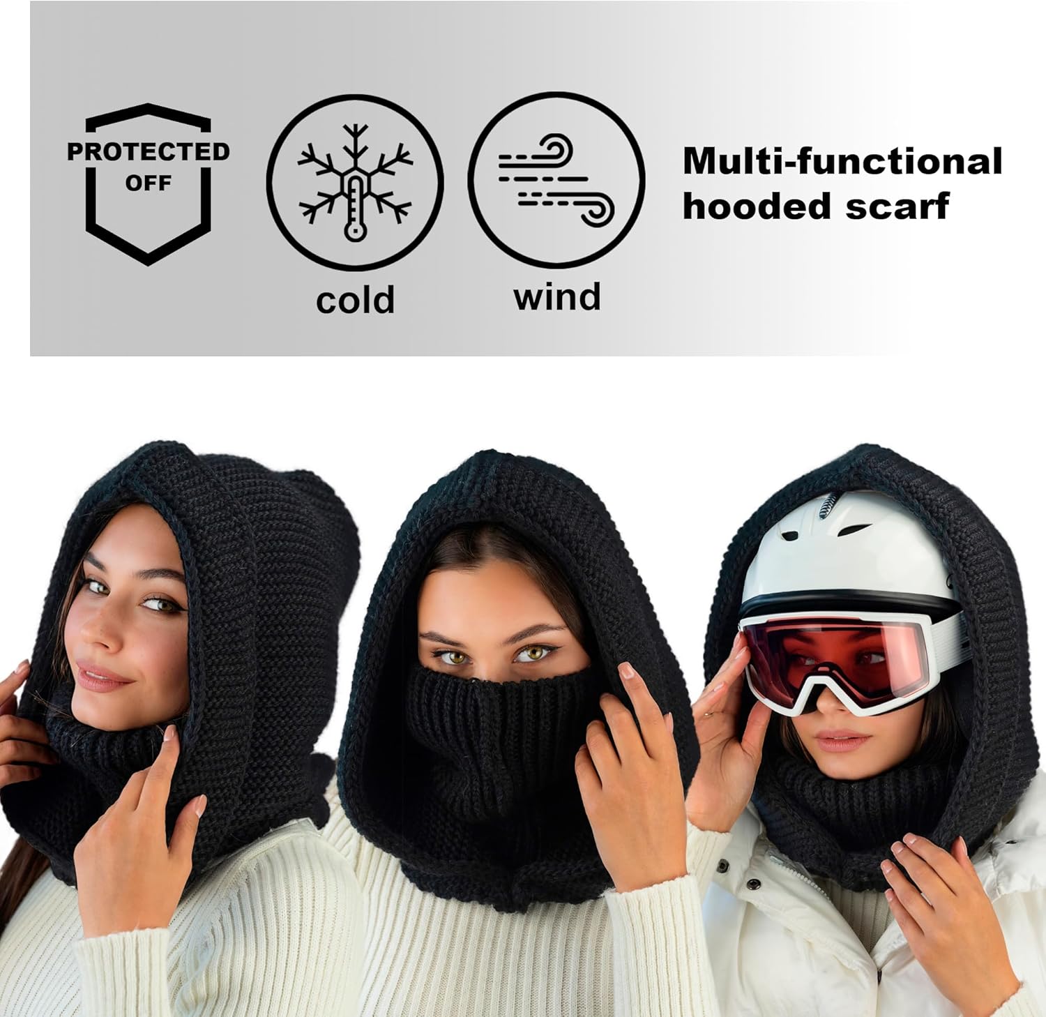 Knit Hooded Scarf for Women - Wool Balaclava Hood Detachable with Neck Gaiter - Hat Scarf Combo - Image 2