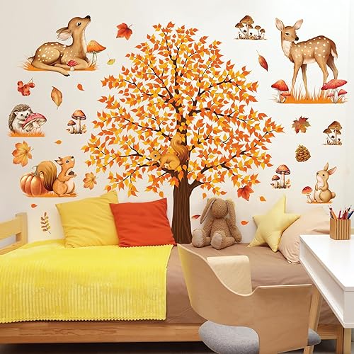 Miniatura 6 de 4 hojas de calcomanías de pared de árbol grande de otoño, árbol de arce, bosque de otoño, calcomanías de pared de bricolaje para despegar y pegar,