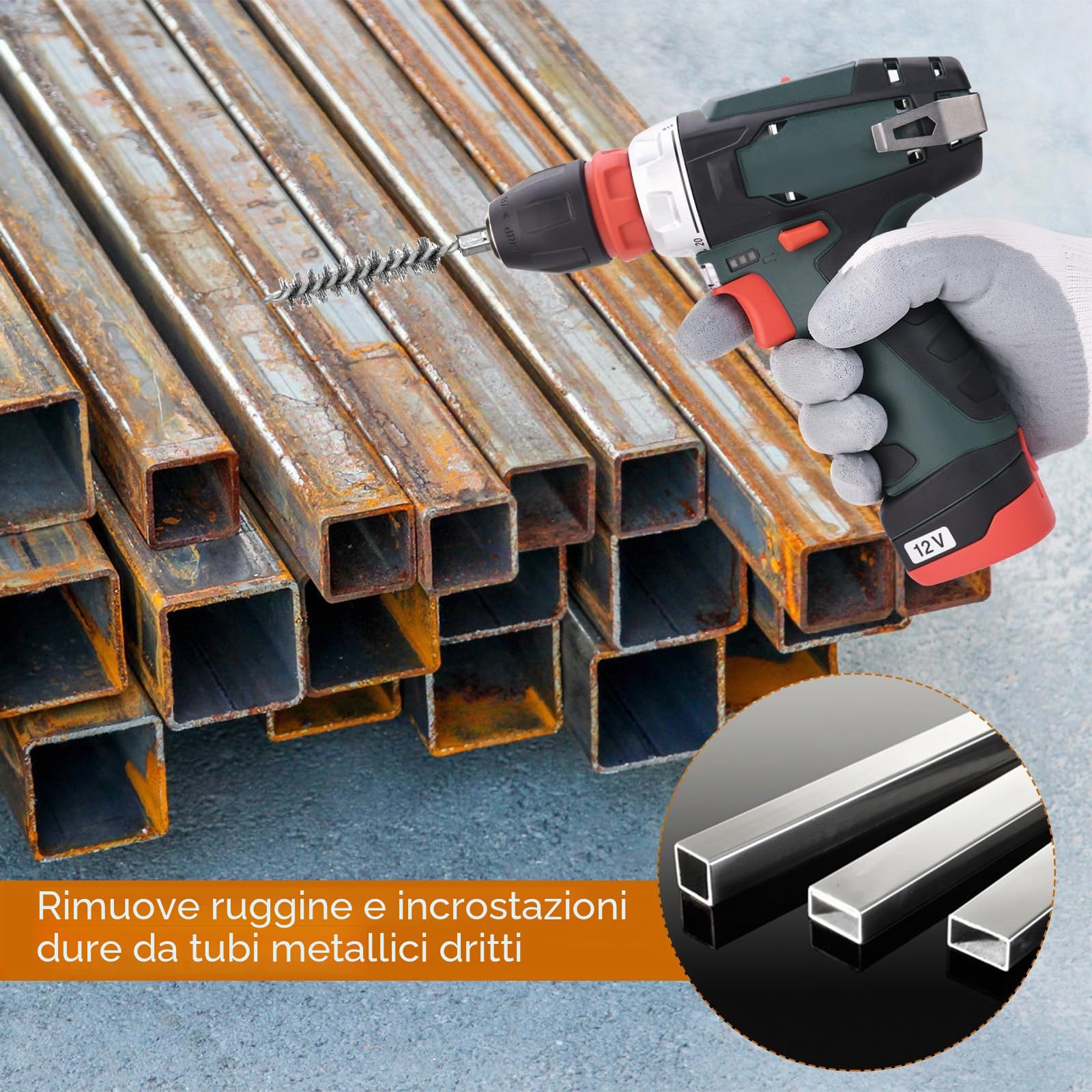 Set di 12 Spazzole Metalliche: 6 in Acciaio Inox e 6 in Rame, Cilindrica Rotonda con Asta Esagonale, Forata per Lucidatura, Levigatura, Rimozione