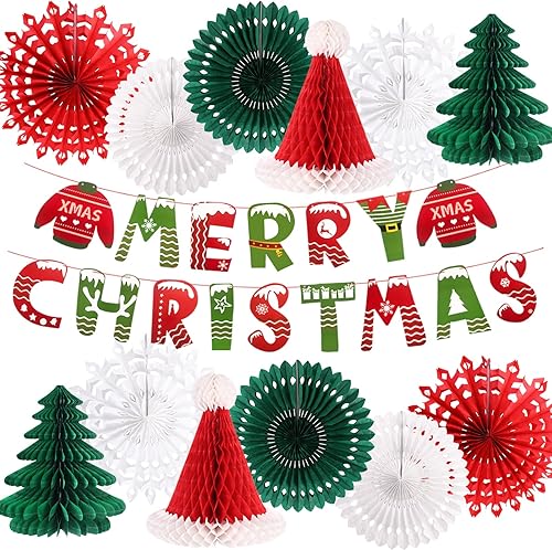 Miniatura 1 de Decoraciones de fiesta de Navidad, pancarta de Feliz Navidad, panal de abeja, sombreros de Papá Noel, árboles, copos de nieve, abanicos de papel