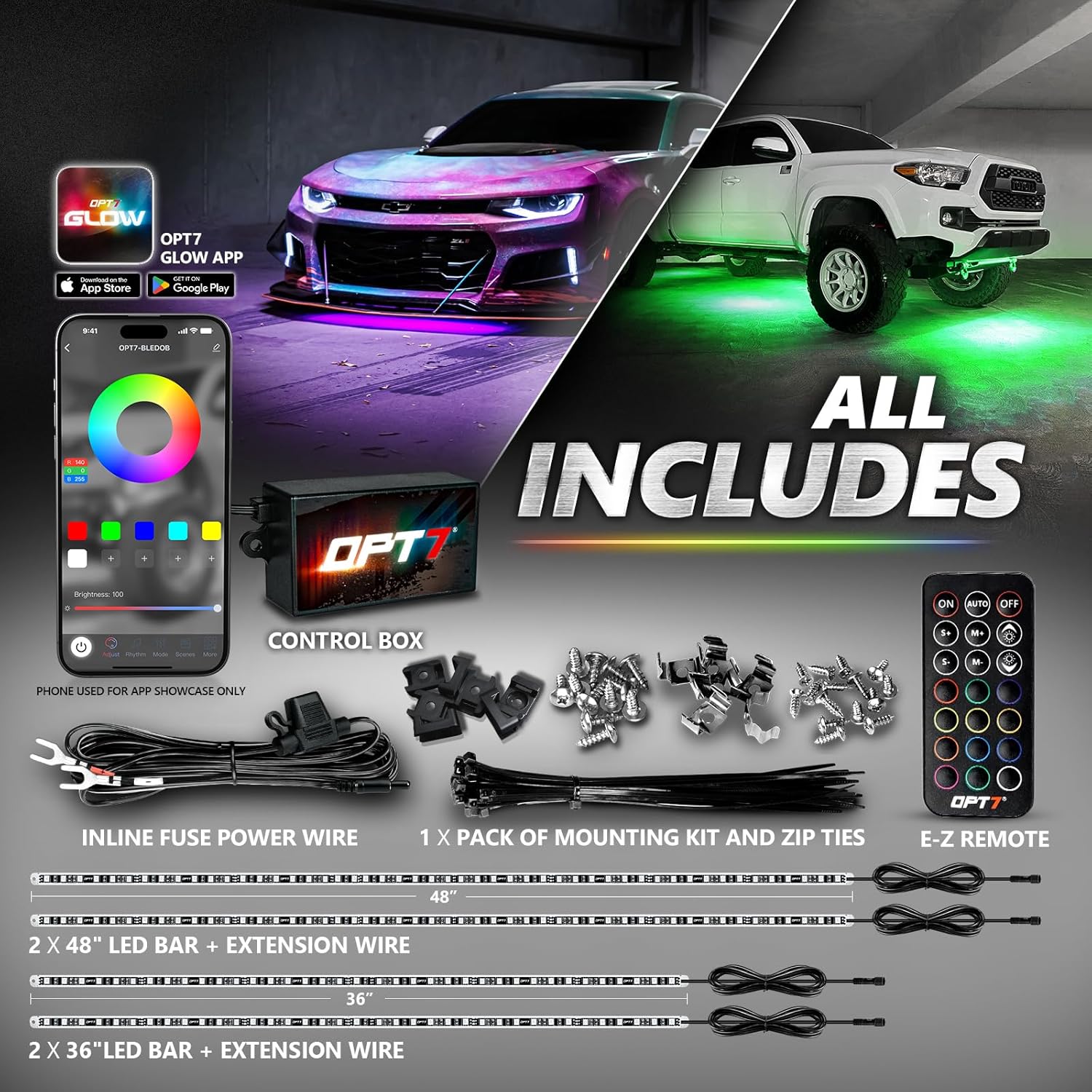 Contents of the OPT7 Aura Pro Underglow LED Lights kit, including light bars, control box, remote, and wiring.