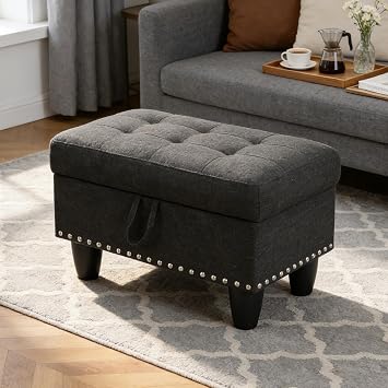 28.5" Storage Ottoman with Hydraulic Lift, Rectangular Tufted Upholstered Foot Rest Stool with Decorative Copper Nails for Living Room, Bedroom, Entryway, Charcoal Black, Linen