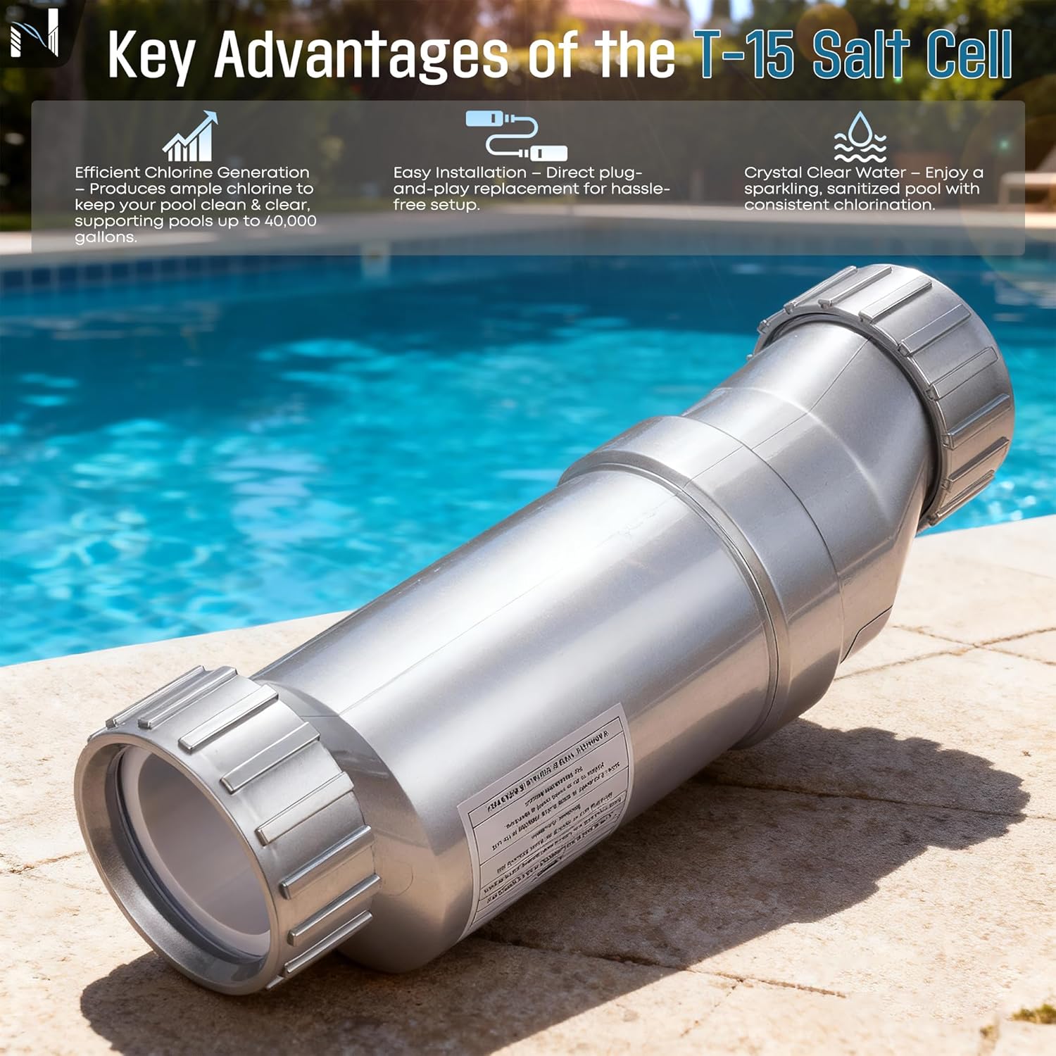 Salt Cell T-15 Replacement Fit for Hayward W3T-CELL-15, BLT15H, Upgraded Pool Salt Chlorinator Generator up to 40,000 Gallons Anti-UV Housing & Filter Chip