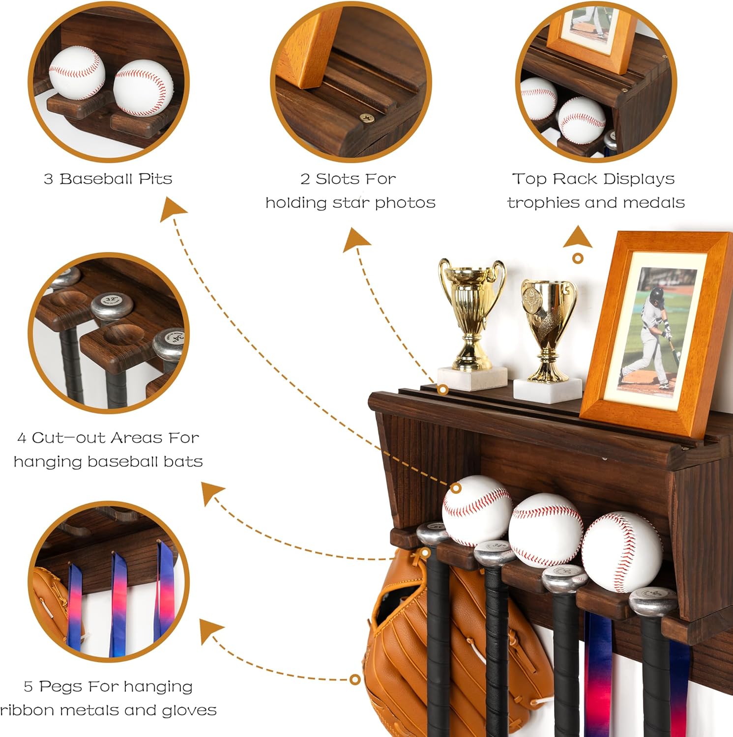 LAVIEVERT Baseball Bat Holder, Wall-Mounted Medal Hanger Trophy Display Shelf, Sports Memorabilia and Collectibles Floating Shelf, Wooden Storage Rack for Balls, Bats, Gloves, Medals & Trophies