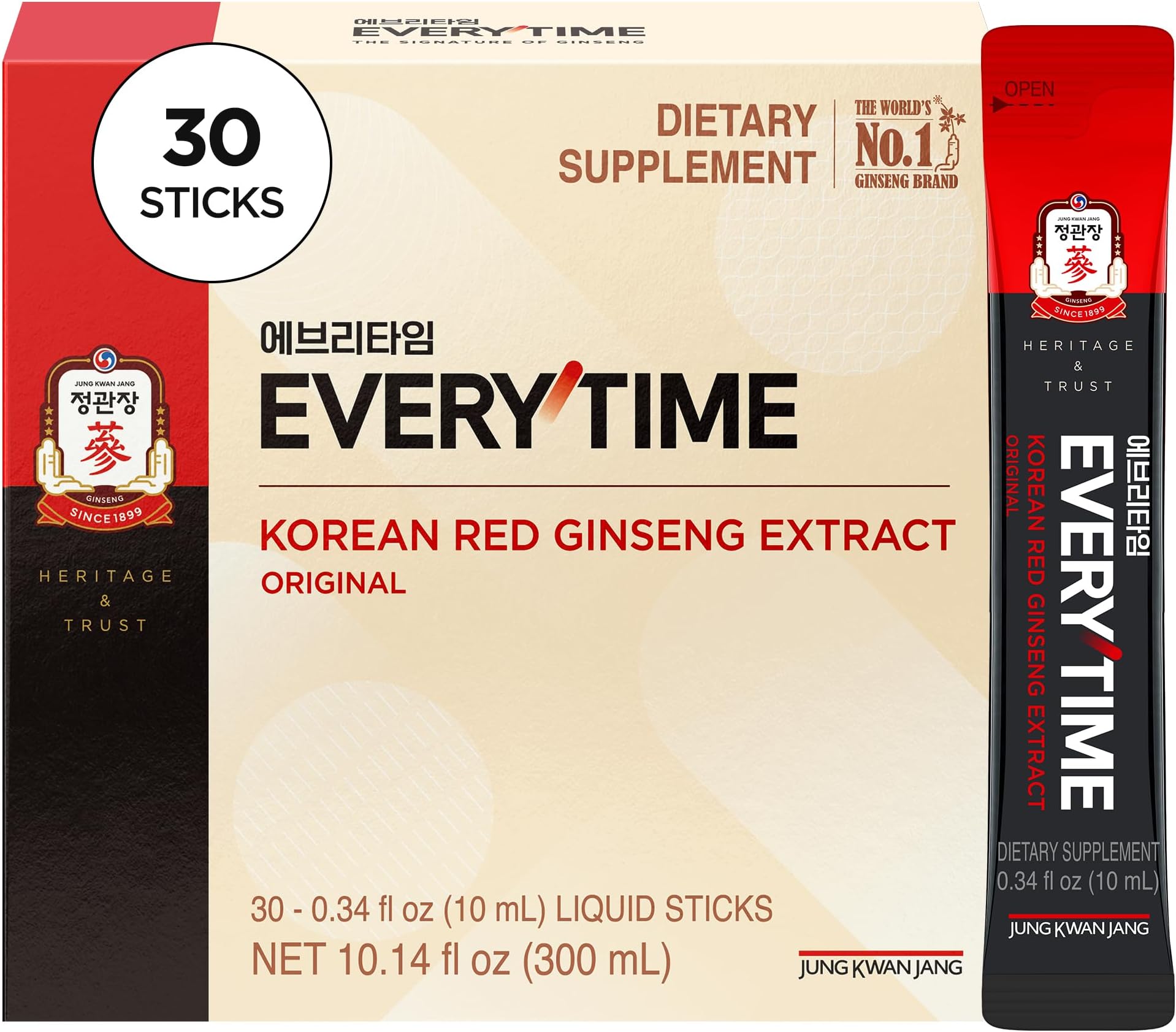 - JUNG KWAN JANG Everytime Korean Red Ginseng Extract Stick 3,000mg Original - Adaptogen Energy Drink Liquid Stick Supplements - Energy Boost & Immune Support, Caffeine Free (30 Sticks)