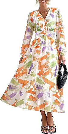 PRETTYGARDEN Women's Floral Midi Dress Casual Fall V Neck Long Sleeve Flowy Spring Beach Wedding Guest Vacation Dresses