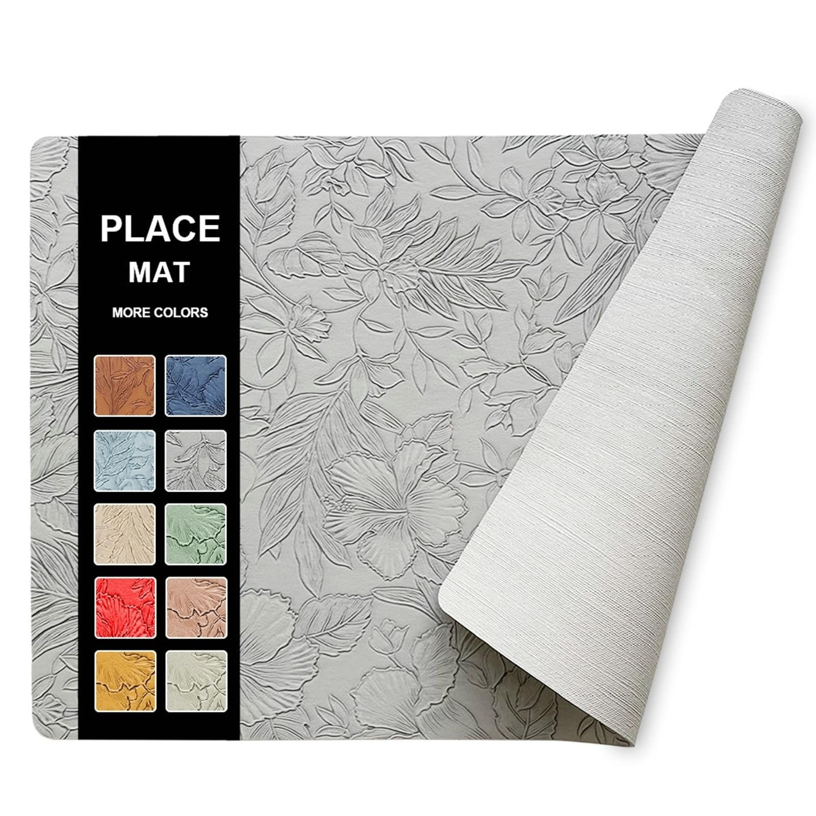 Placemat Juego de 10 manteles individuales, color gris claro, redondo, con estampado floral, 30 x 43 cm, para cocina y comedor