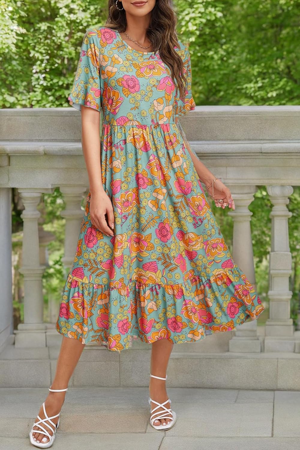 STYLEWORD Women's Summer 2026 Casual Short Sleeve Tiered Flowy Spring Dress Long Midi Beach Sundress Vacation Outfits - Image 8