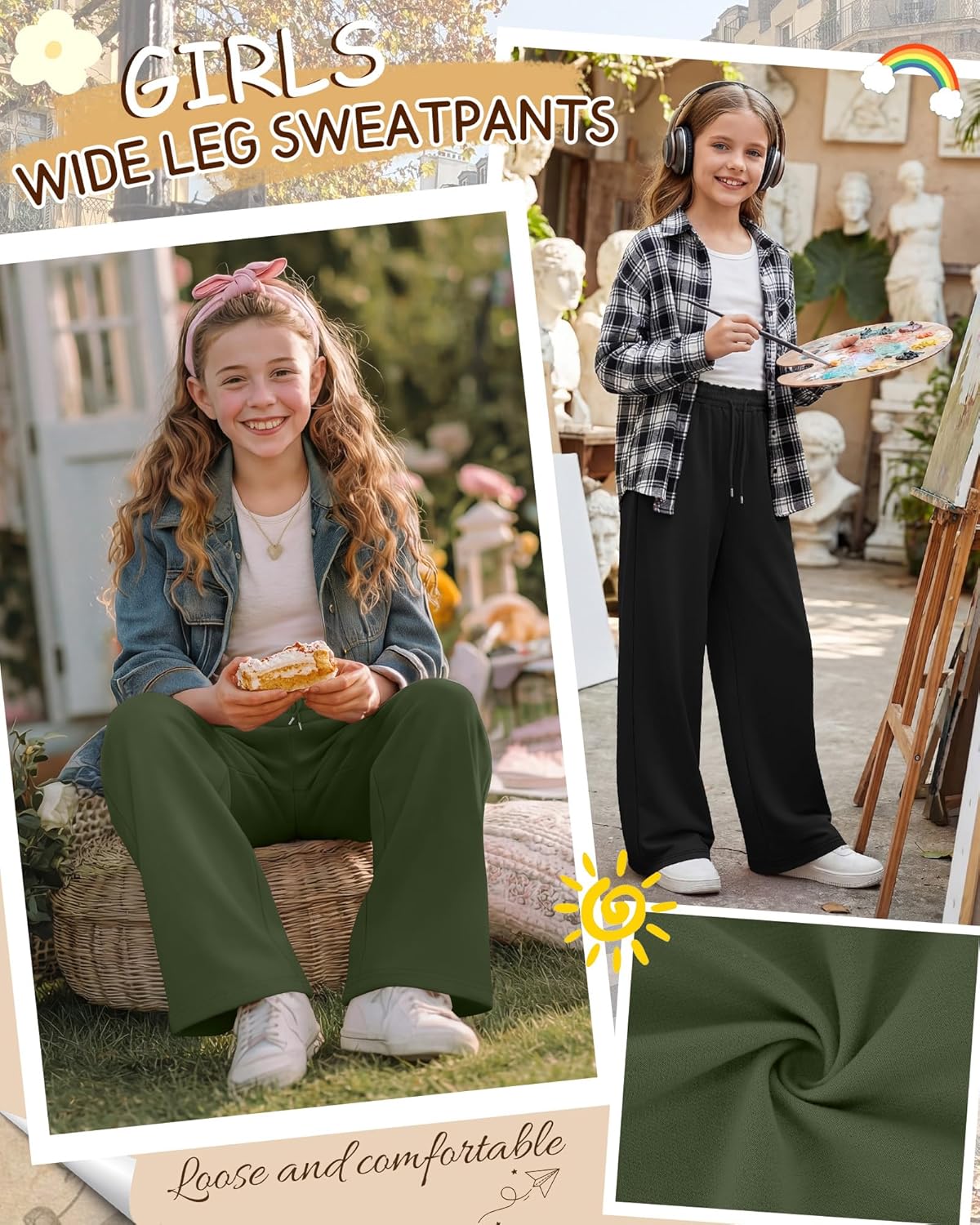 3 Pack Girls' Sweatpants Straight Wide Leg Kids Drawstring Casual Joggers Teen Loose Athletic Pants with Pockets
