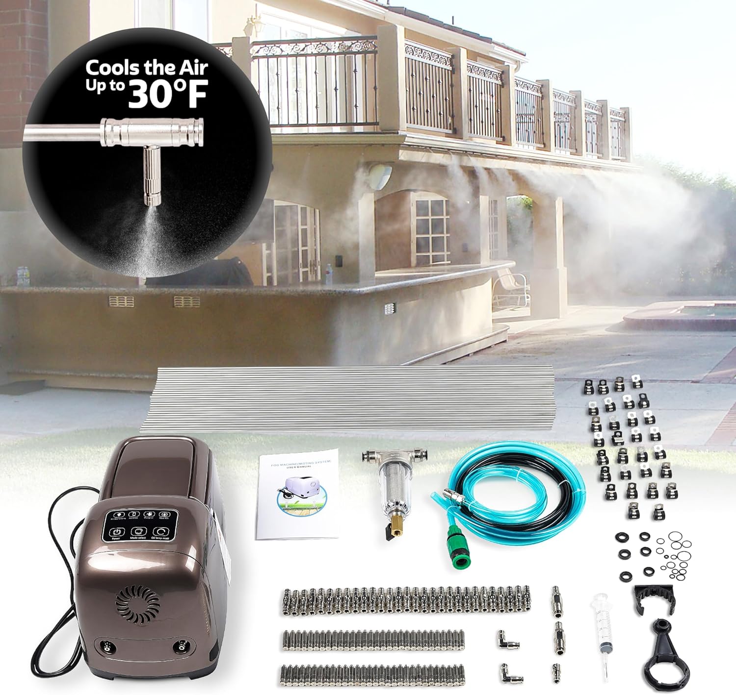 High-Pressure DIY Smart Pump Misting System - Nylon Mist Line - Fifty 0.2mm Nozzles - Patio, Backyard, Pool, Outdoor Misters (Nylon Mist Line)
