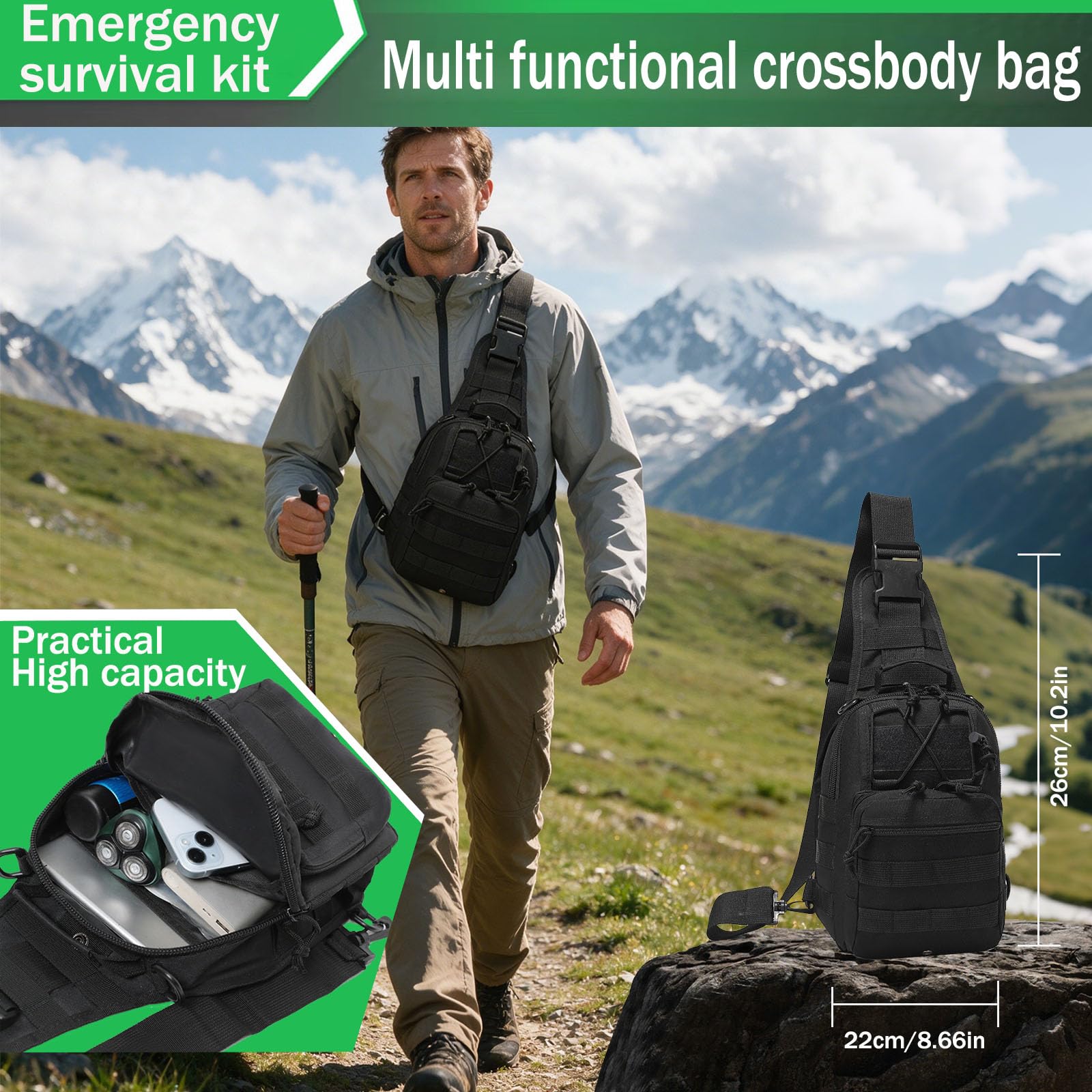 Kit de Supervivencia,Equipo de Supervivencia para Actividades al Aire Libre con Radio Solar de Emergencia,para Camping, Senderismo(Bandolera)