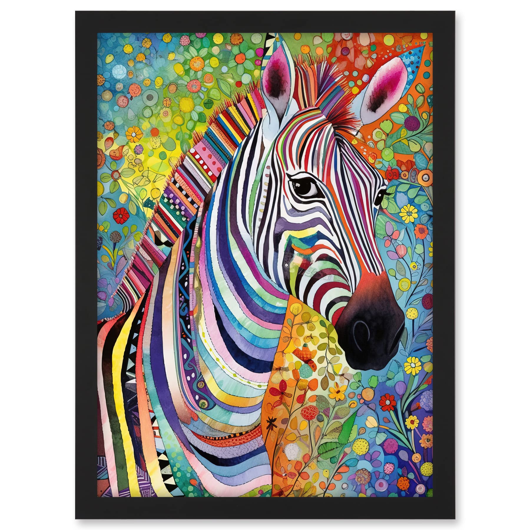 Artery8 Folk Art Zebra Colourful Flower Boho Artwork Framed A3 Wall Art Print