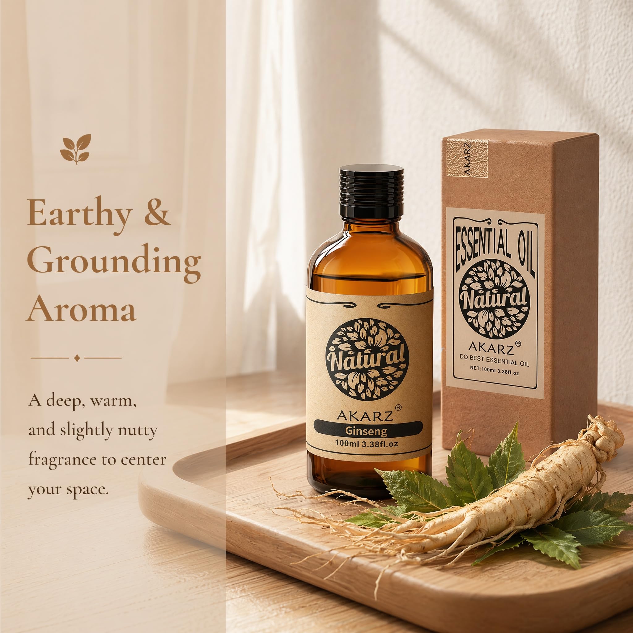 AKARZ 100ml Olejek esencjny z Ginsengu - Naturalny olejek aromatyczny do dyfuzorów, lamp aromatycznych i aromatów pomieszczeń