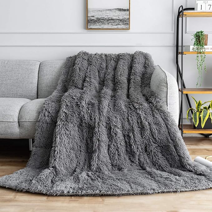 BUZIO Shaggy Faux Fur Weighted Blanket Full Size, 15 lbs Long Fur