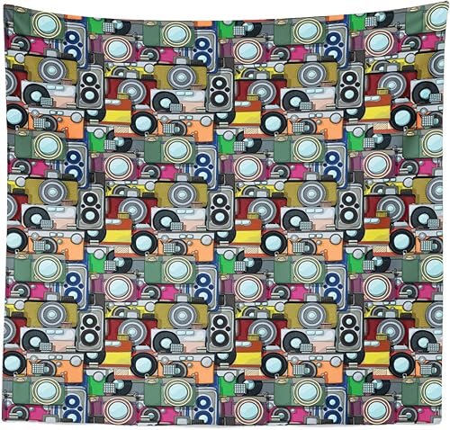 Miniatura 5 de Lunarable Tapiz retro tamaño King, patrón de cámara retro grunge, ilustración de estilo de dibujos animados, diseño de tecnología vintage, colcha
