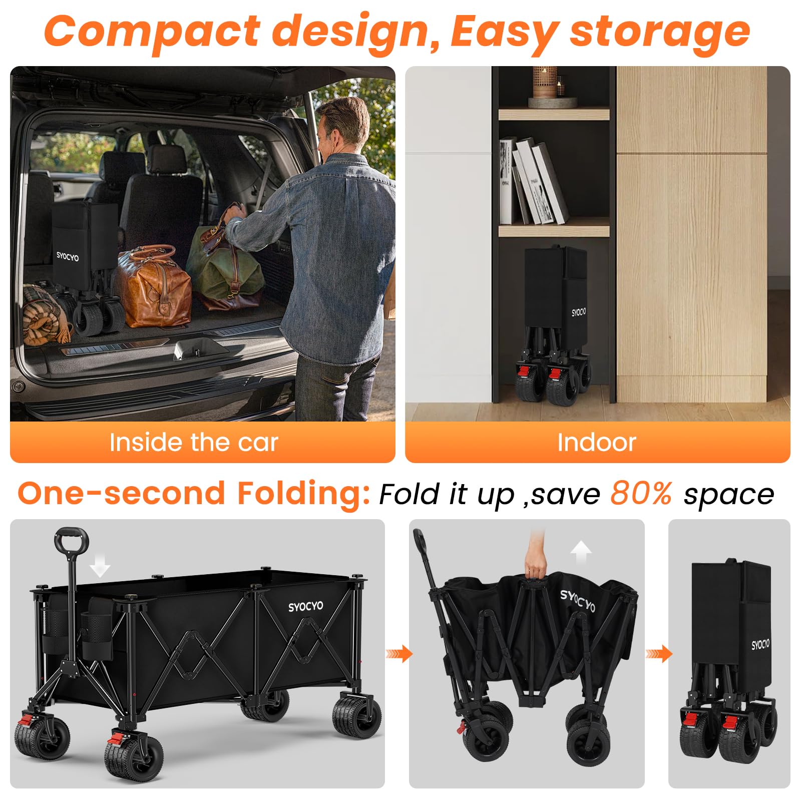 Collapsible Wagon Carts 570LBS Weight Capacity Foldable Beach Wagon with Big All-Terrain Wheels 330L Heavy Duty Utility Carts with Cup Holders for Camping, Garden, Sports, Grocery Black