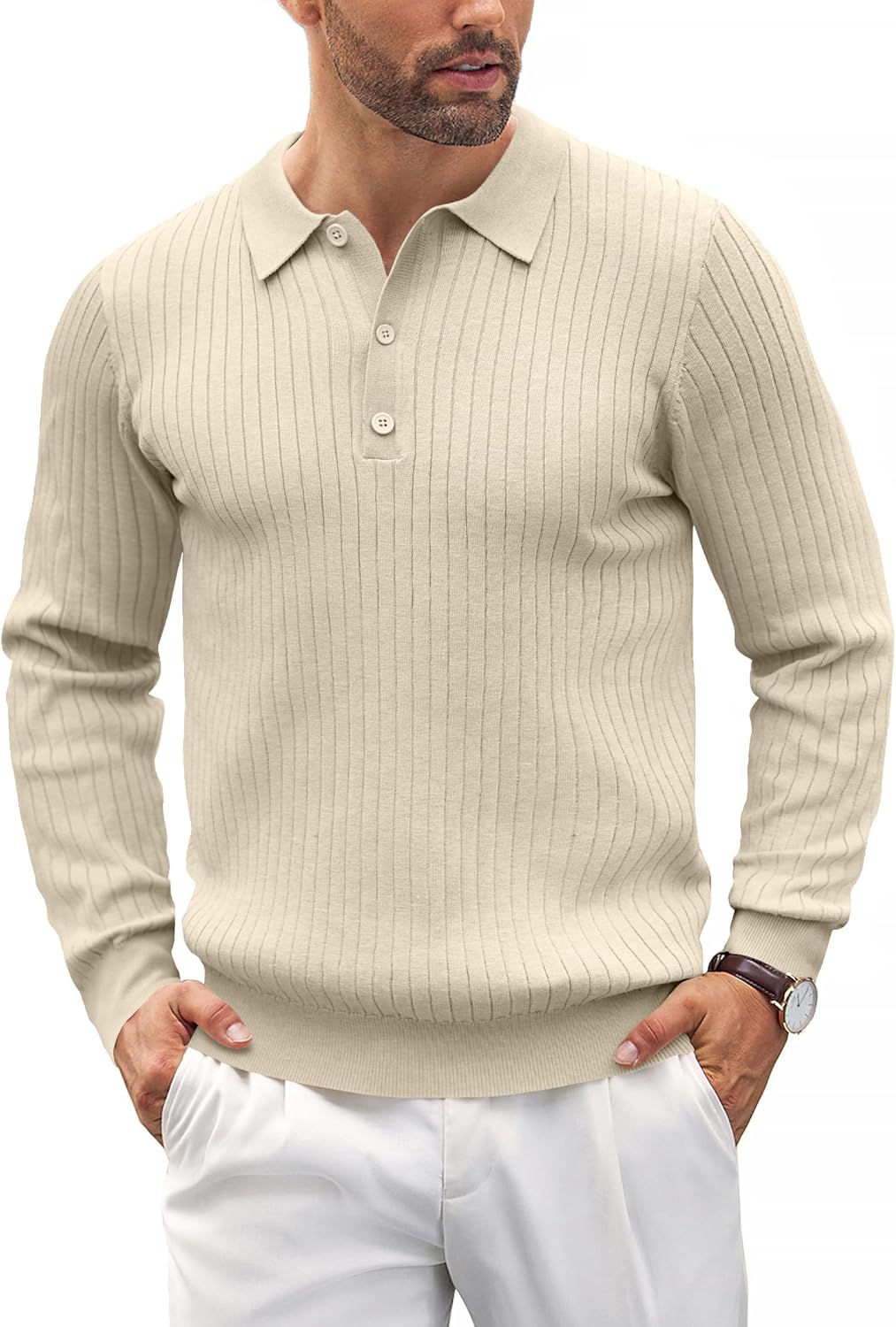 COOFANDY Mens Knit Polo Shirts Casual Long Sleeve Classic Polo Shirts Button Down Golf Shirts