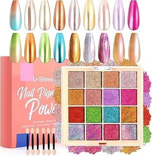 Chrome Nail Powder Palette, 16 Glitter Laser Metal Mirror Effect Aurora Iridescent Holographic Gold Silver Bright Colors Ombre Nail Pigment Powder Kit French Nails Manicure DIY Accessories