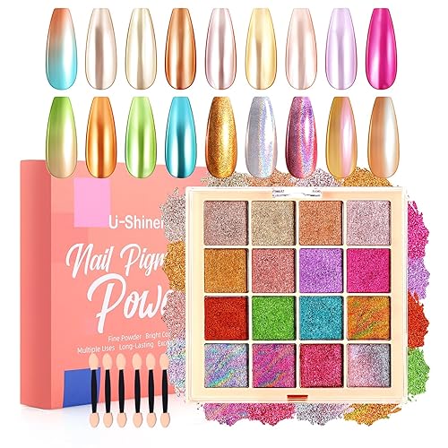 Chrome Nail Powder Palette, 16 Glitter Laser Metal Mirror Effect