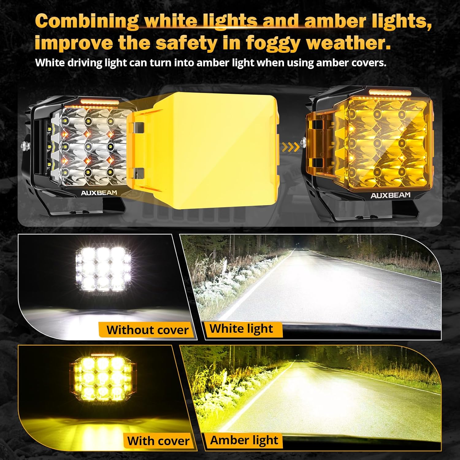 Auxbeam V-MAX Series 7" Led Pods Lights with Amber Covers, 228W 26100LM Spot Flood Combo Offroad Driving Lights with 270° Side Shooter & DRL & Back Light, Cube Ditch Light for Jeep ATV UTV, Pair