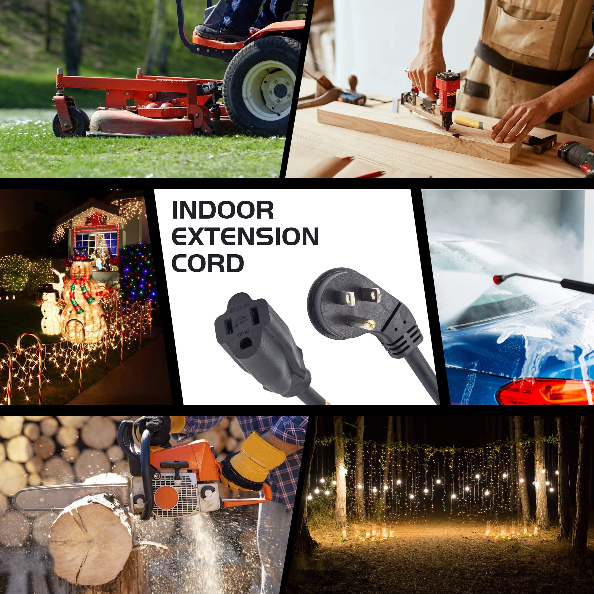 Paquete de 3 cables de extensión para interiores, con certificación UL, calibre 16 de 1 pies, negro, 3 clavijas, resistente, cable de alimentación SJTW 13A 16/3 para luces,