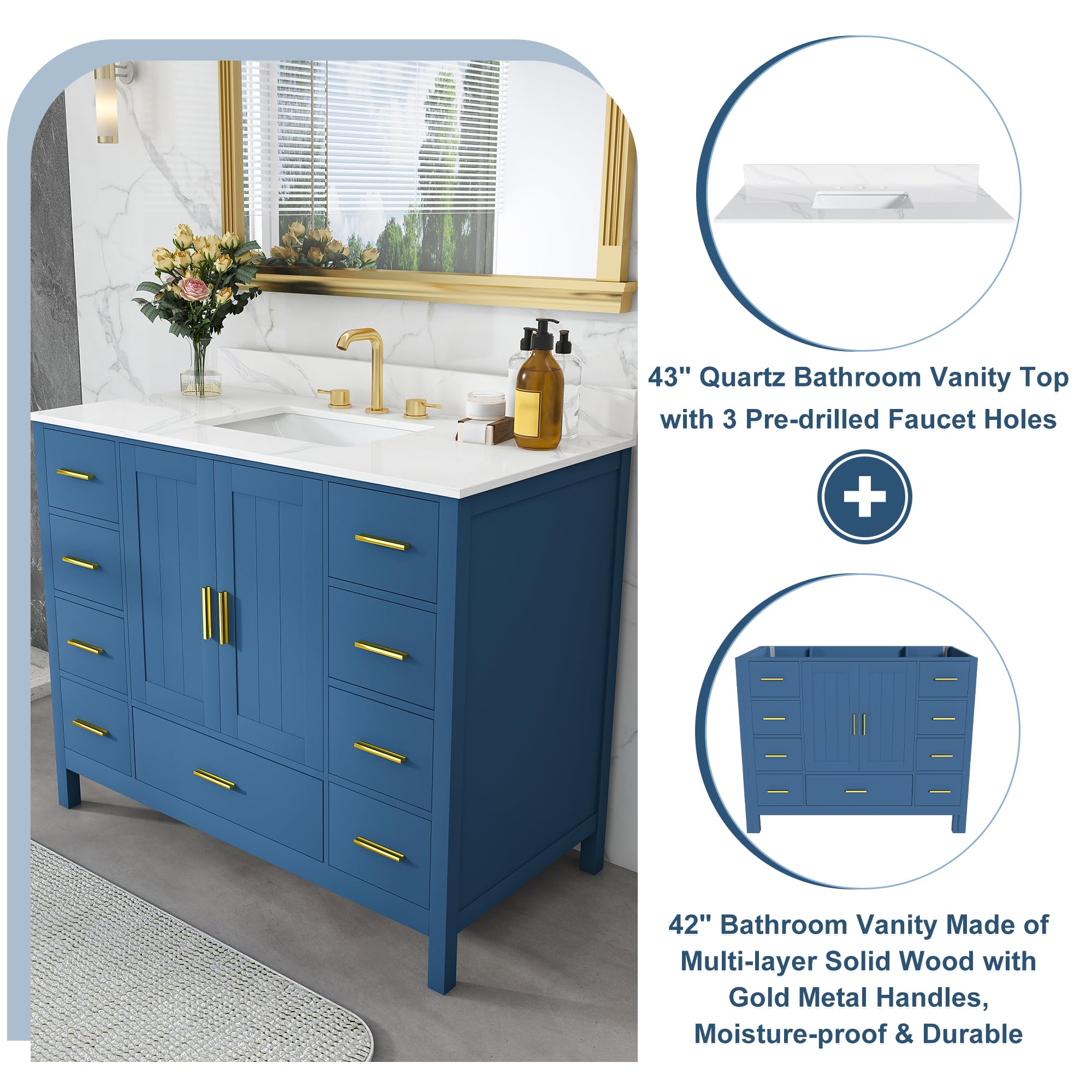 Mobile da bagno blu da 106,7 cm con piano in pietra sinterizzata e lavello sottopiano da 20,3 cm con fori per rubinetto diffusi, cassetti a chiusura rallentata ed elegante paraschizzi, decorazione