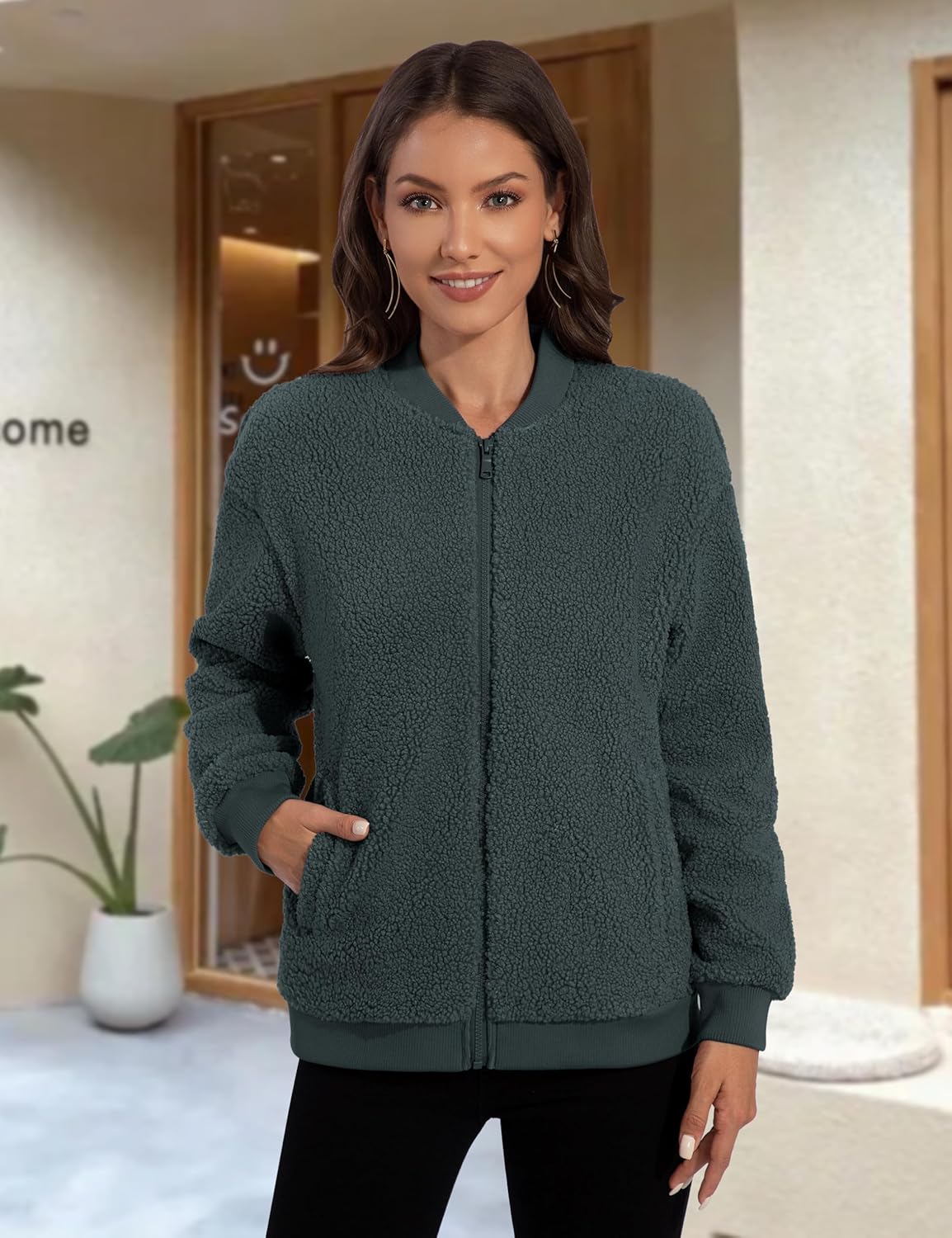 YUCOLEN Womens Sherpa Jacket Fleece Bomber Jacket Zip Up Teddy Coat Long Sleeve Winter Coat Cropped Outwear with Pockets - Image 9