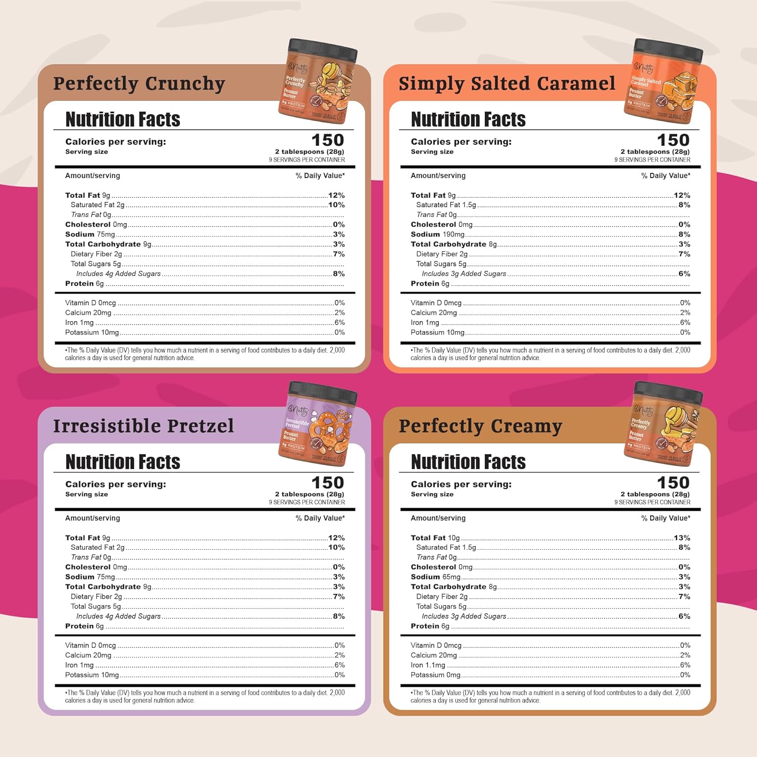 B'Nutty Sweet & Salty Peanut Butter | Simply Irresistible Salted Caramel & Pretzel Peanut Butter | Wholesome, Crunchy & Creamy, High Protein, Gluten Free Flavored Gourmet Butter | 9oz Jars, 4-Pack