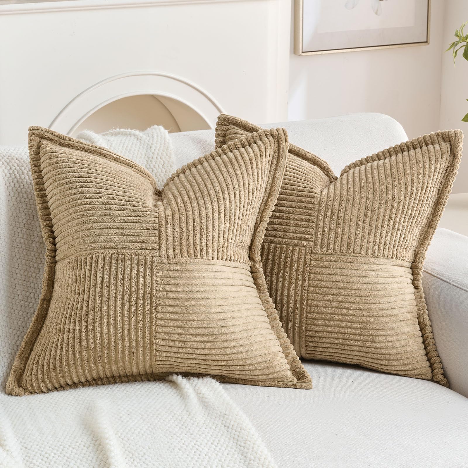 HAUSSY Khaki 2 Pack 20x20 Inch Corduroy Decorative Throw Pillow Covers Boho Natural Solid Striped Cushion Cover Modern Farmhouse Home Decor for Couch